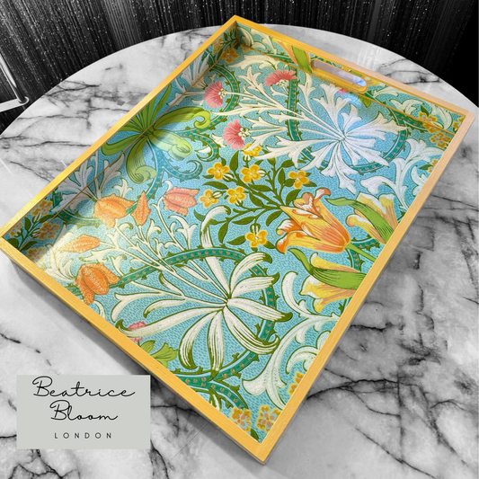 HIGHGATE **LIMITED EDITION** Tray in 4 x sizes - Decoupage in Woodland Weeds Cornubia/Ben Pentreath/Morris & Co in orange/turquoise colourway.