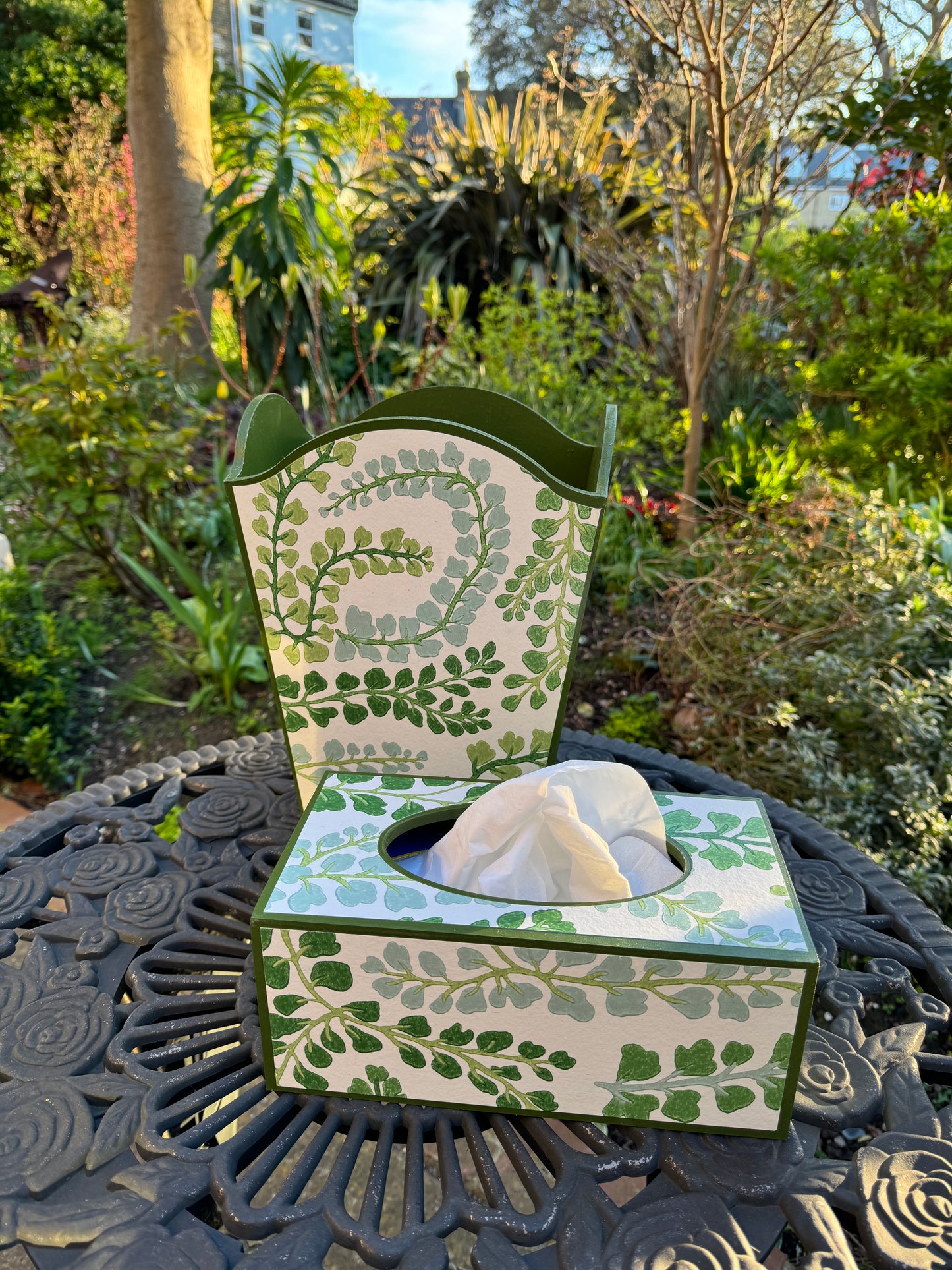 BARNES - waste paper bin & rectangle tissue box cover - Decoupage in Fayola/Harlequin in clover/chalk colour way.