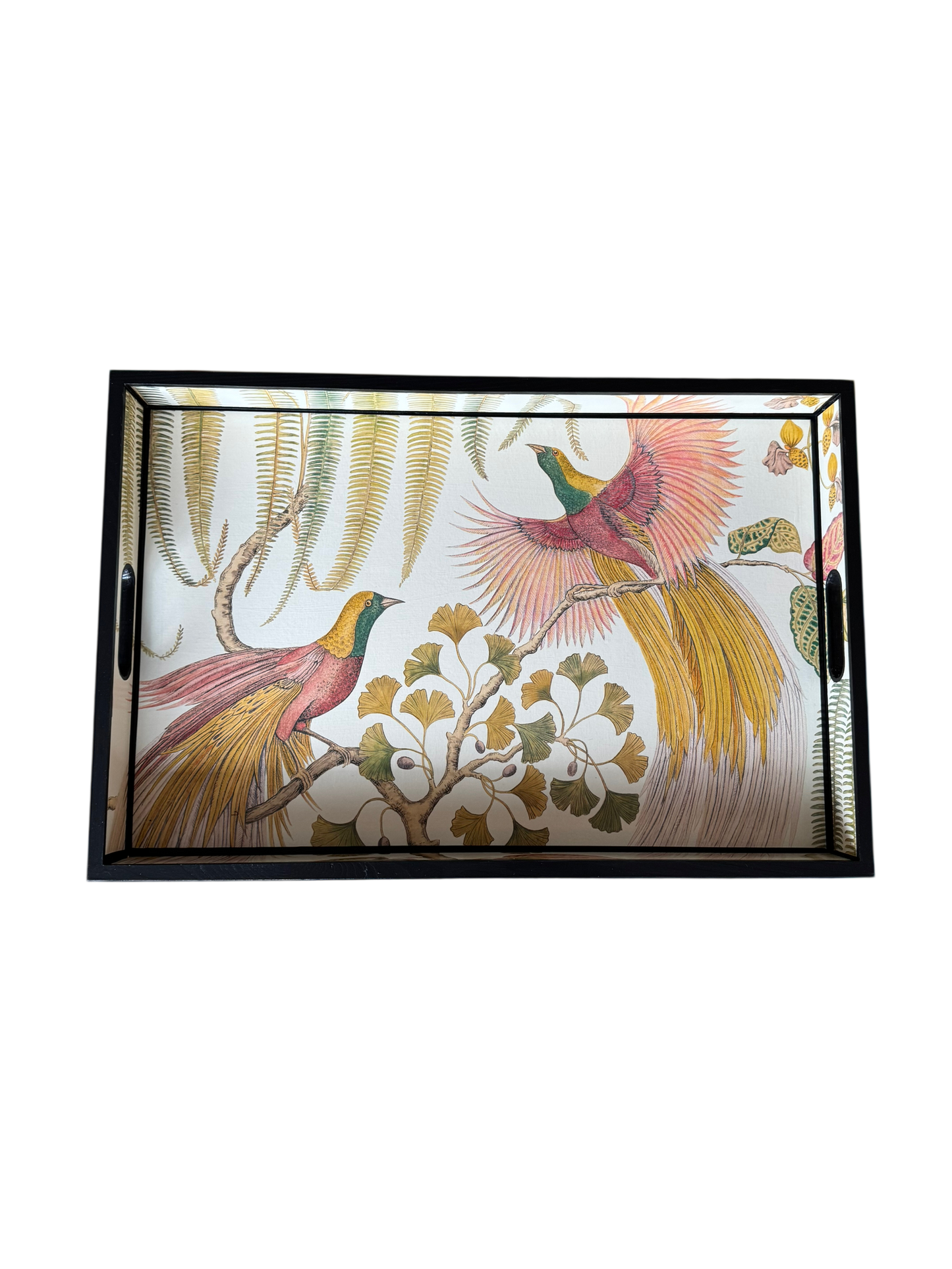 Kew Noir - Ottoman tray available in 5 x sizes - Decoupage in Bird of Paradise by Sanderson in Olive colourway