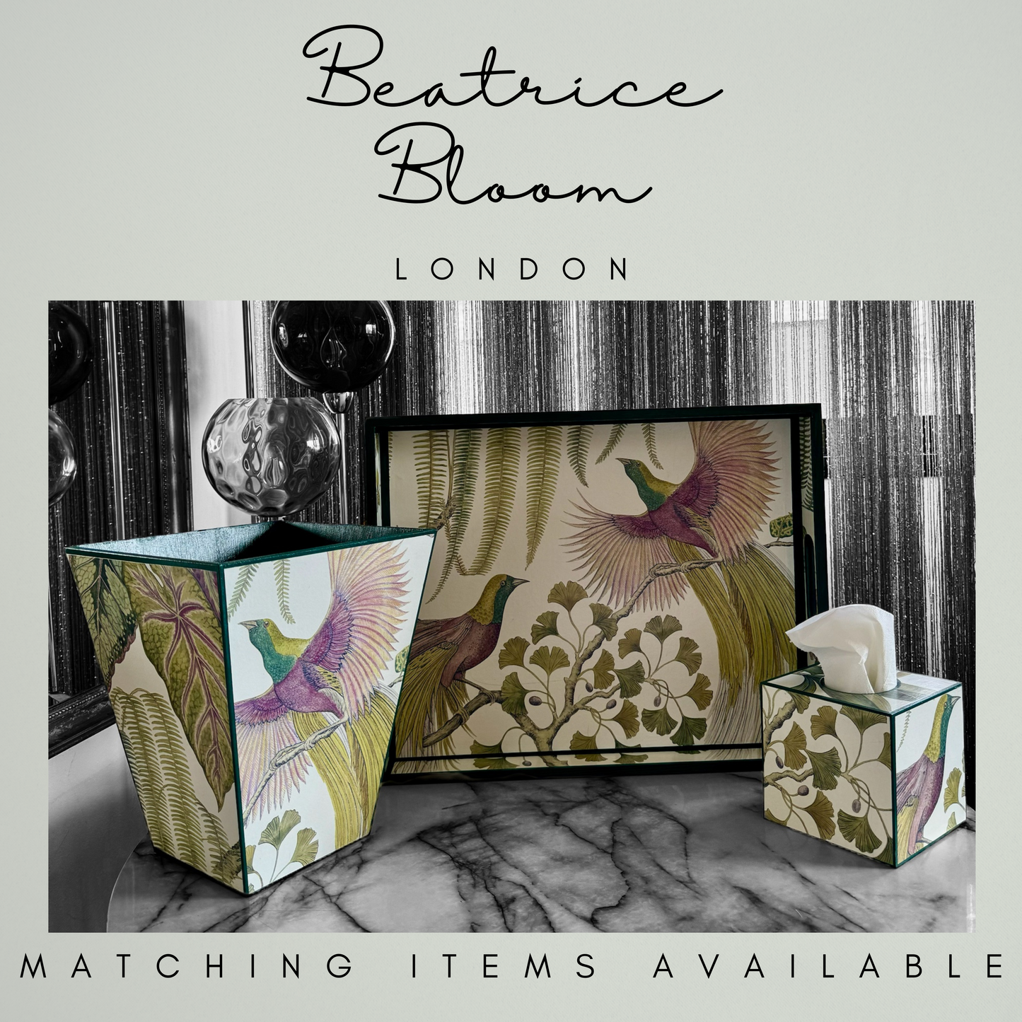 KEW Waste paper bin - Decoupage in Birds of Paradise/Sanderson in in Orchid colourway