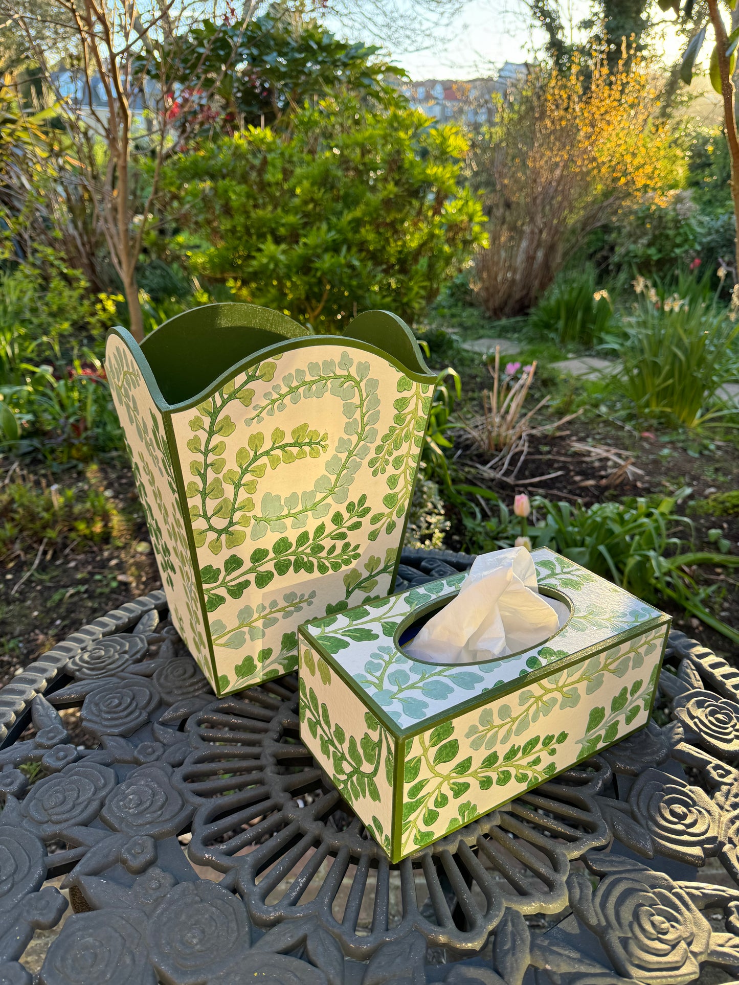 BARNES - waste paper bin & rectangle tissue box cover - Decoupage in Fayola/Harlequin in clover/chalk colour way.