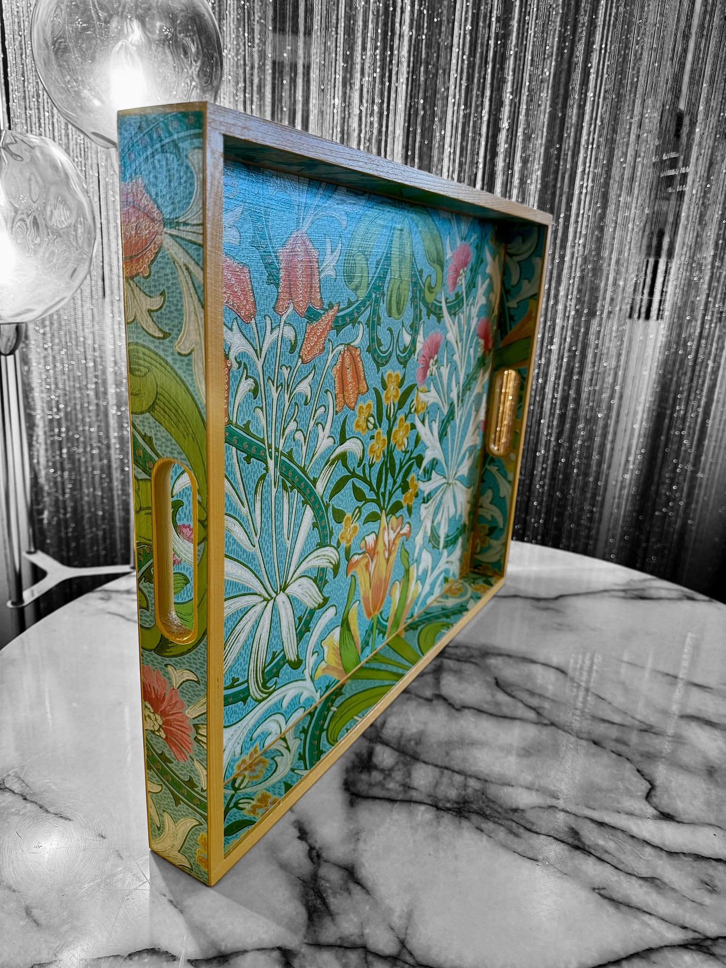 HIGHGATE **LIMITED EDITION** Tray in 4 x sizes - Decoupage in Woodland Weeds Cornubia/Ben Pentreath/Morris & Co in orange/turquoise colourway.