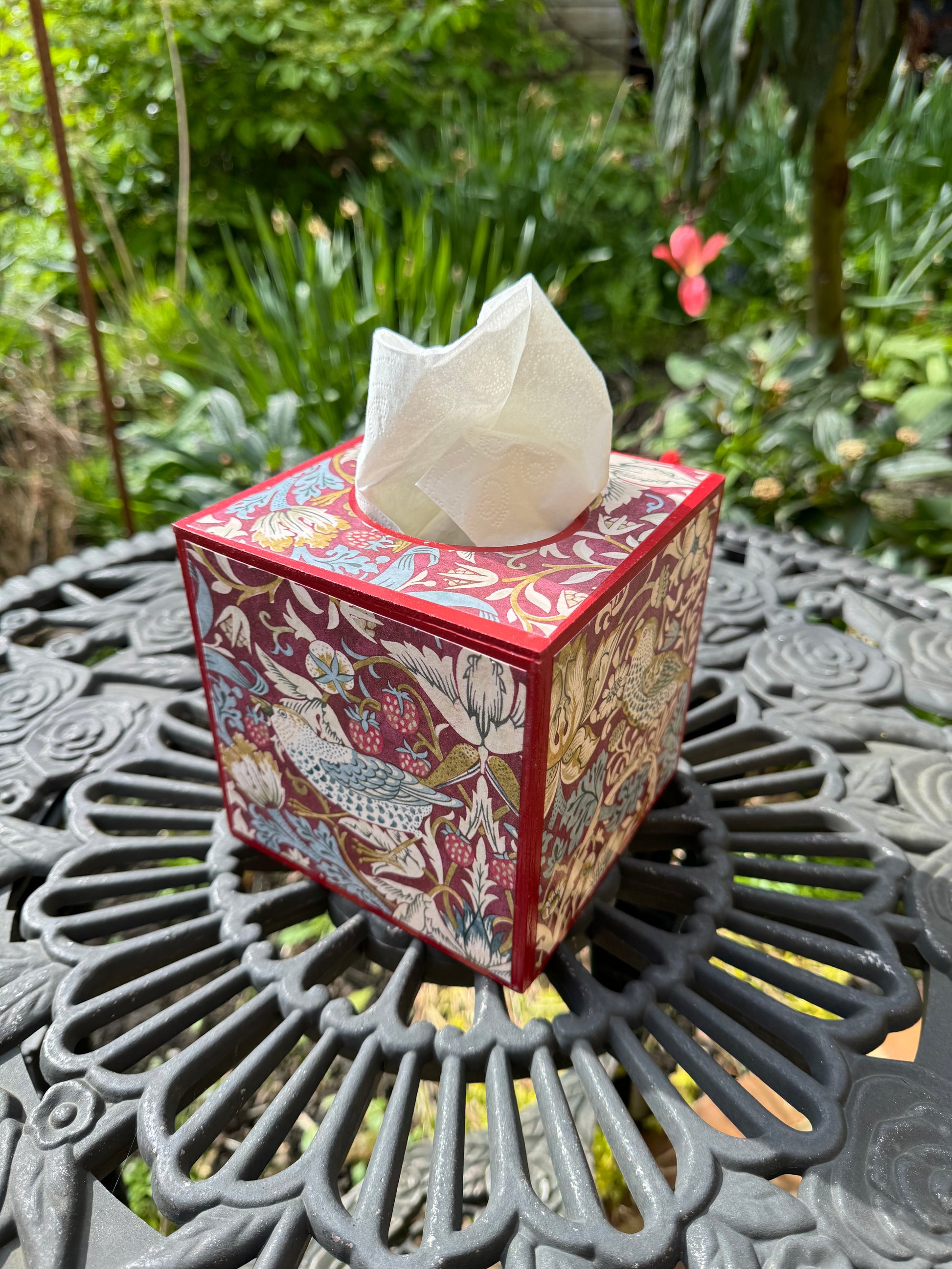 KELMSCOTT PLUM - Square tissue box holder - Decoupage in Strawberry Thief/Clarke & Clarke - plum colourway.