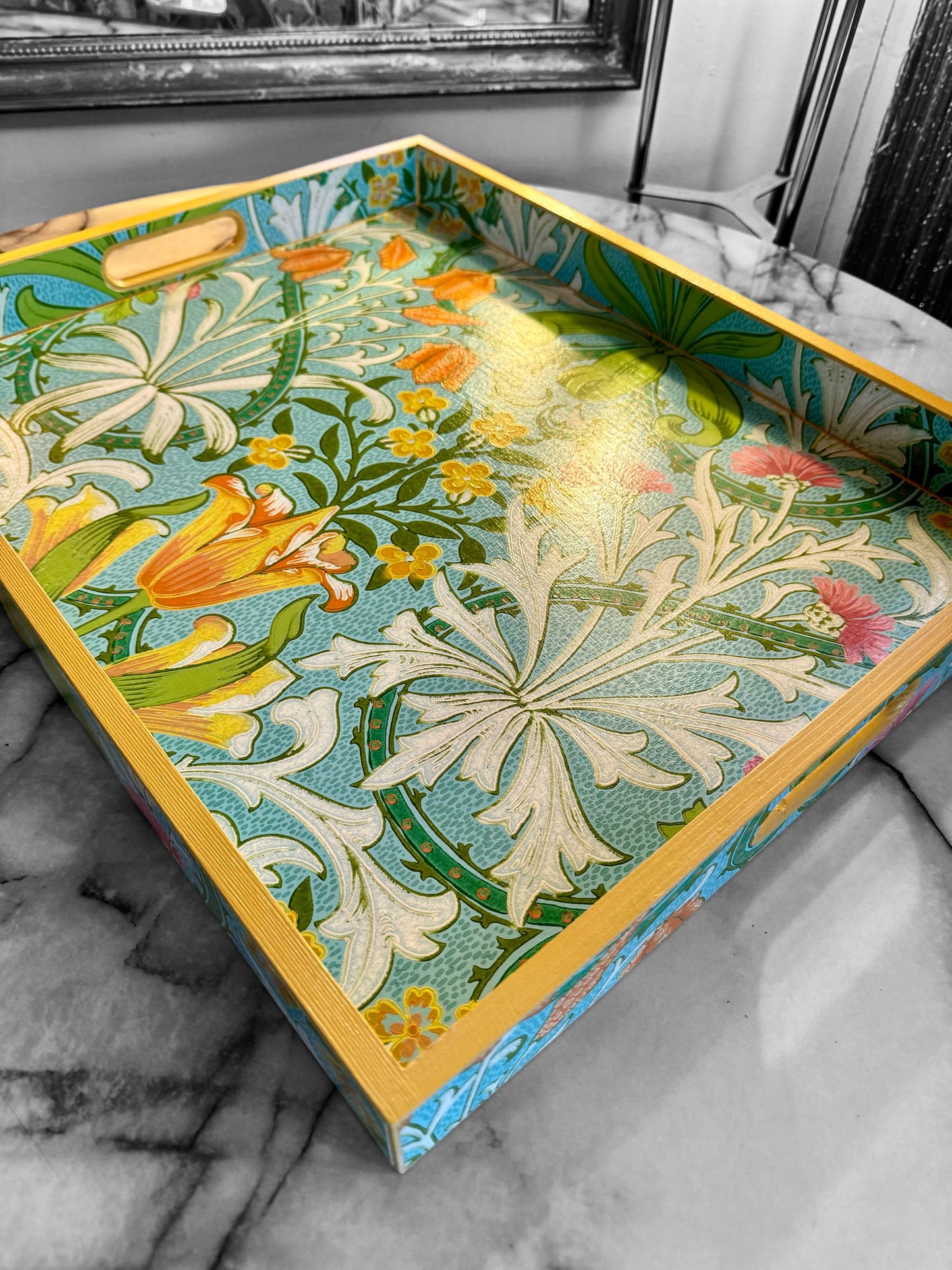 HIGHGATE **LIMITED EDITION** Tray in 4 x sizes - Decoupage in Woodland Weeds Cornubia/Ben Pentreath/Morris & Co in orange/turquoise colourway.