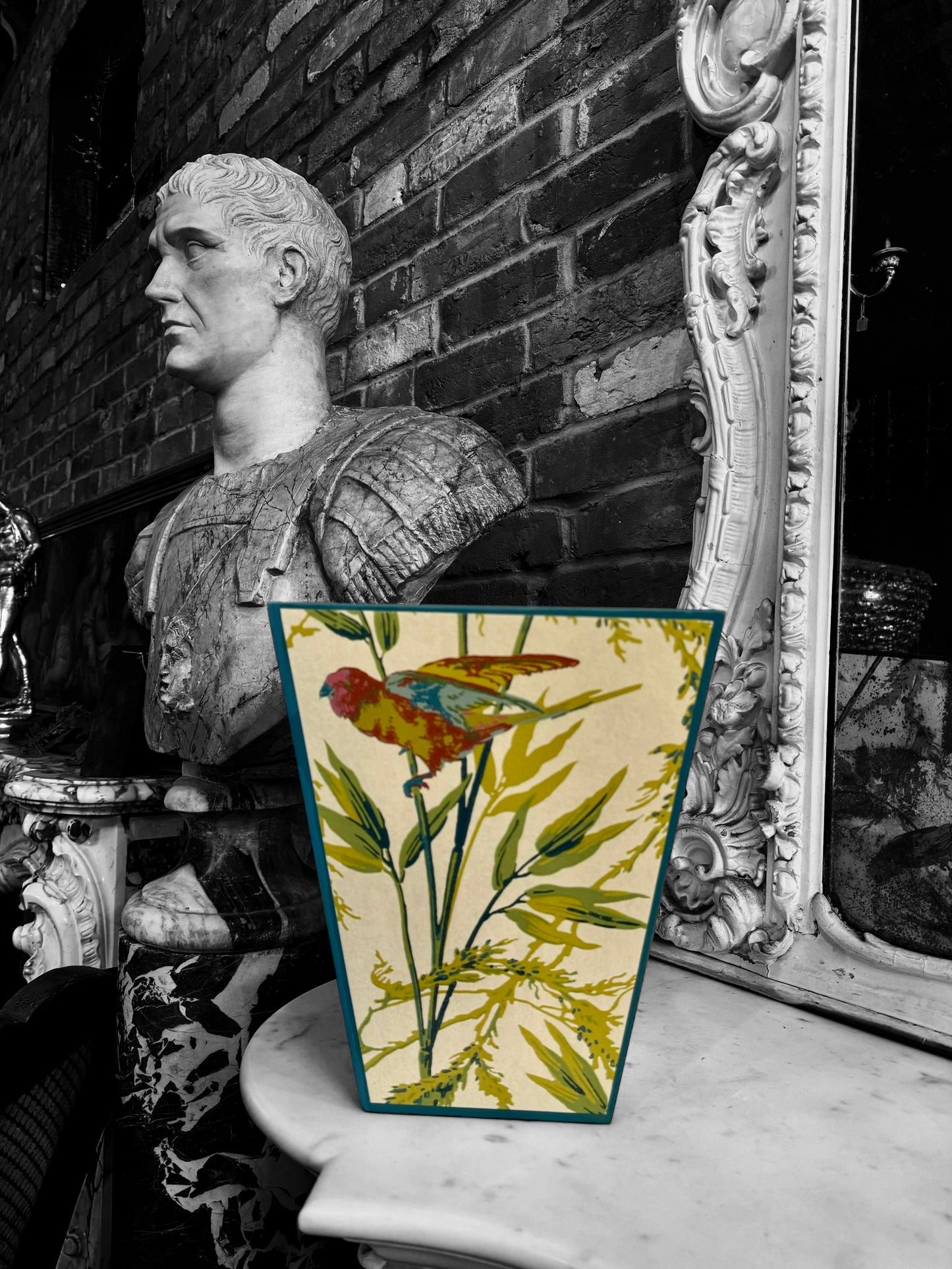 Bloomsbury - Matching set - Waste paper bin and square or rectangle tissue box cover - Decoupage in Great Ormond Street/Little Greene in tropical colour way