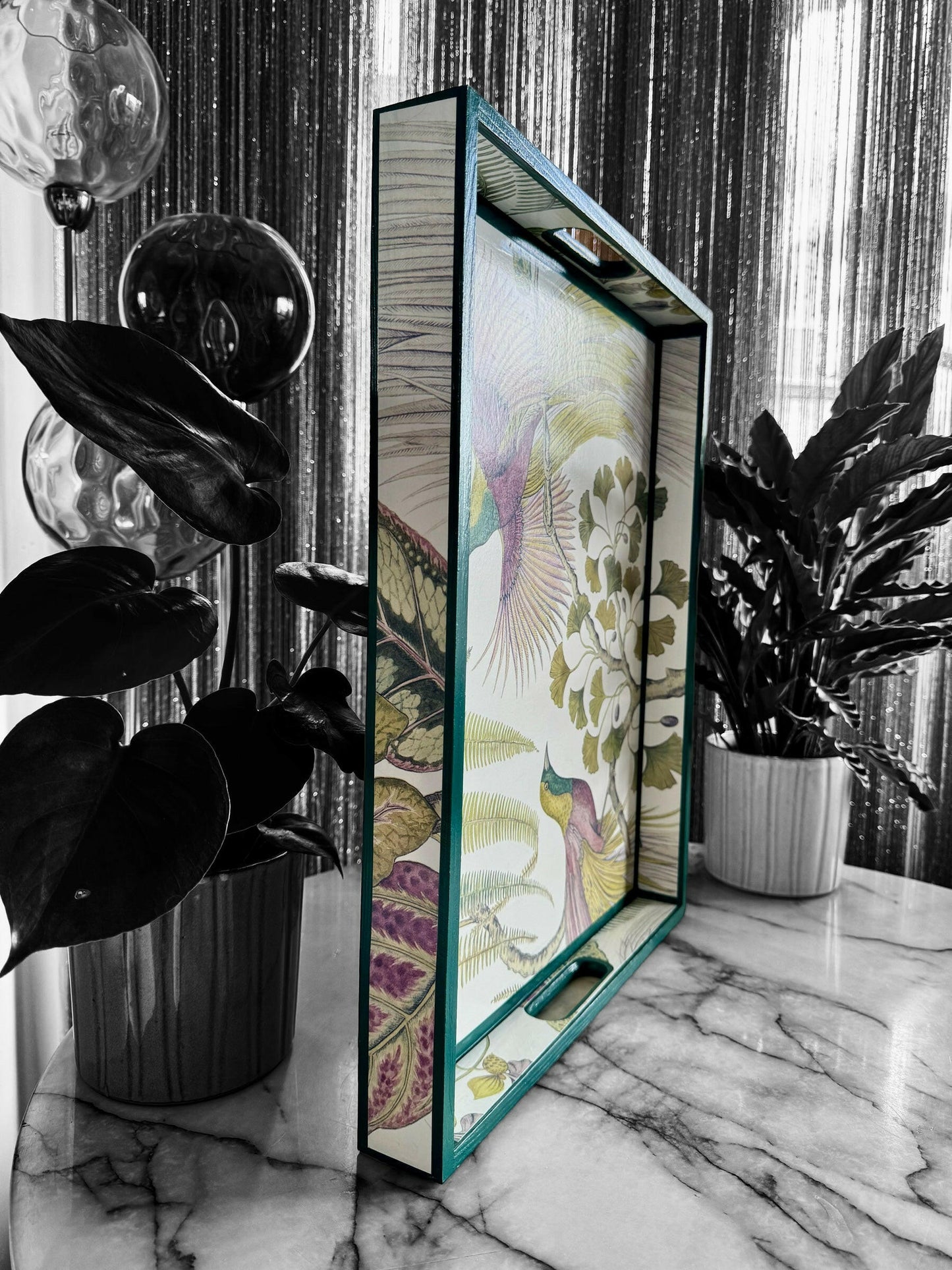 KEW Tray available in 4 x sizes - Decoupage in Birds of Paradise/Sanderson in in Orchid colourway