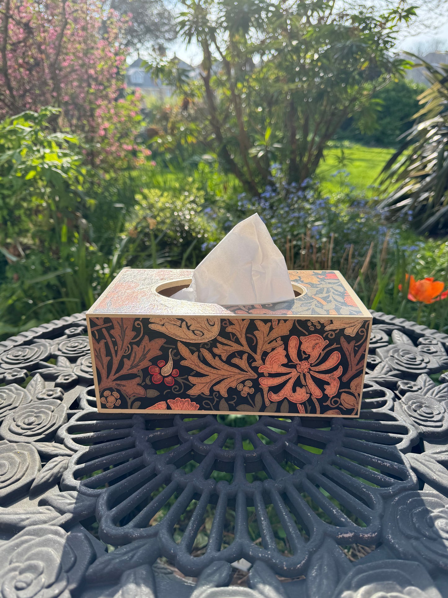 BELGRAVIA - rectangle tissue box cover - decoupage in Compton/Morris & Co in burnt orange/brown colourway