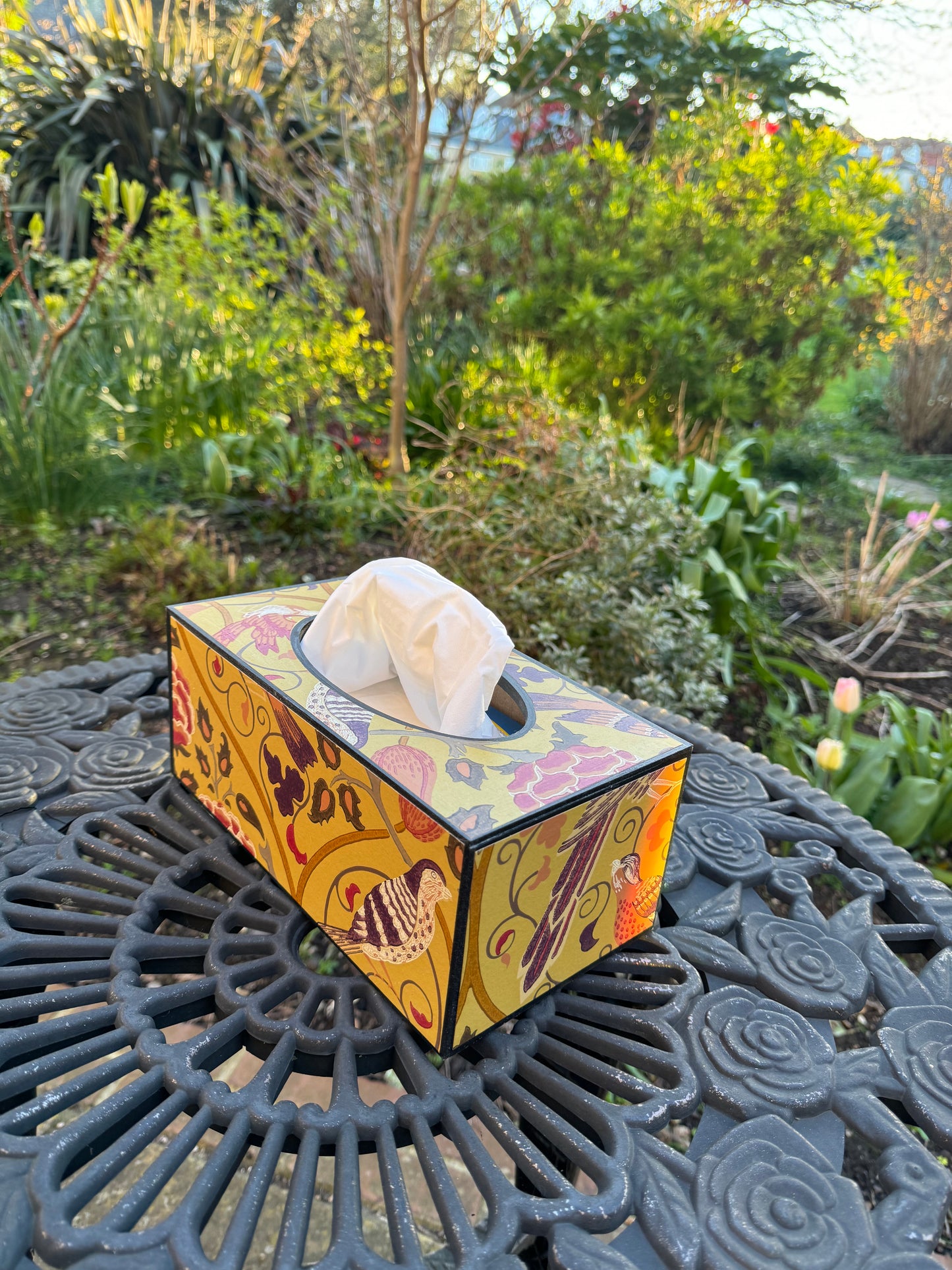 ASCOT - rectangle tissue box cover - Decoupage in Seasons by May/Morris & Co in saffron yellow colourway