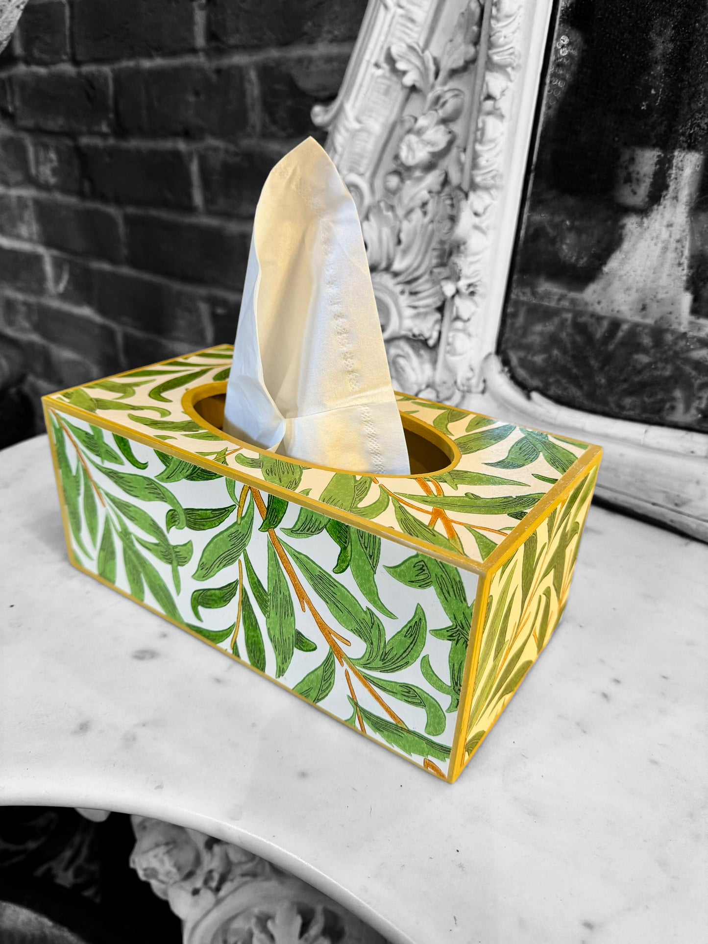 BROADSTAIRS - Waste paper bin & rectangle tissue box cover - Decoupage in Willow Boughs Cornubia/Morris & Co in green colourway