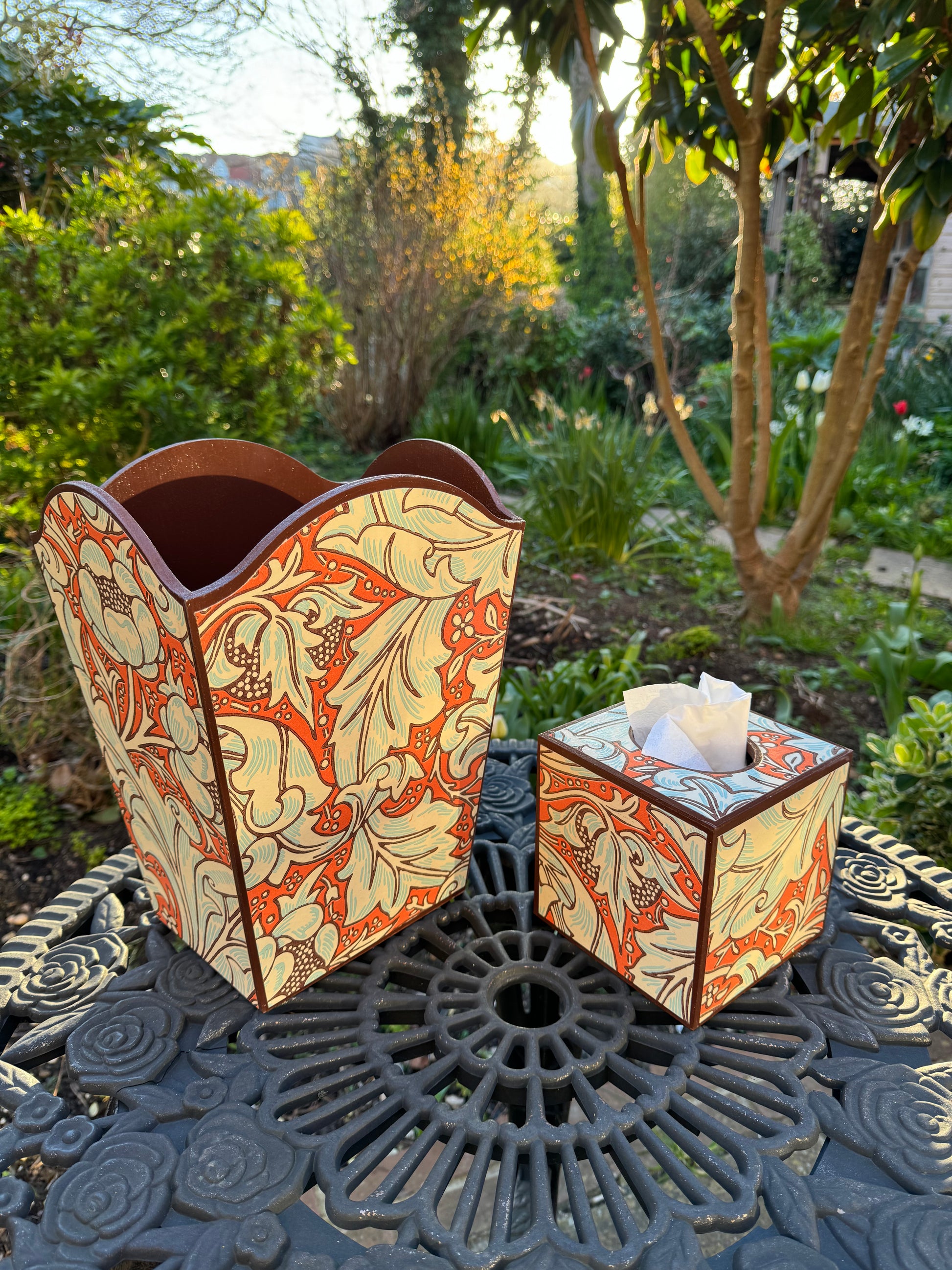 CLERKENWELL **LIMITED EDITION** Waste paper bin & square tissue box cover - Decoupaged in Batchelor's Button/Morris &Co - colourway burnt orange/sky..