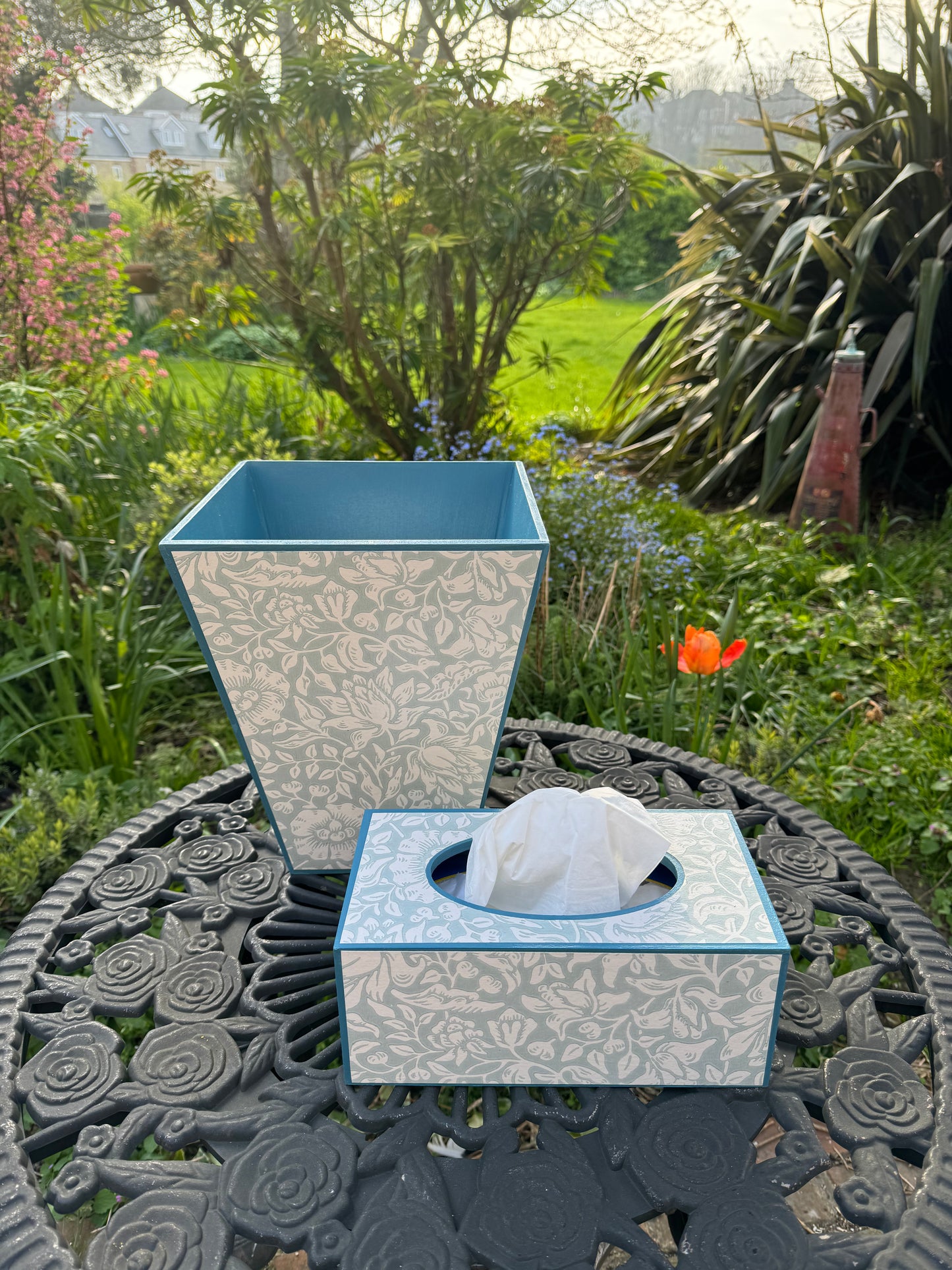 CHELSEA - Waste paper bin & rectangle tissue box cover - Decoupage in Mallow/Morris & Co in Chalk/Duck Egg colour way..