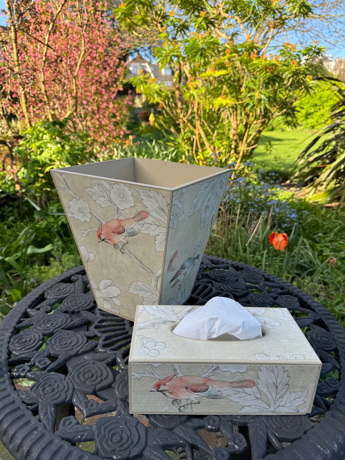 CHISWICK - Waste paper bin & square tissue box holder - Decoupage in Chiswick Grove Grove/Sanderson in gold colourway..