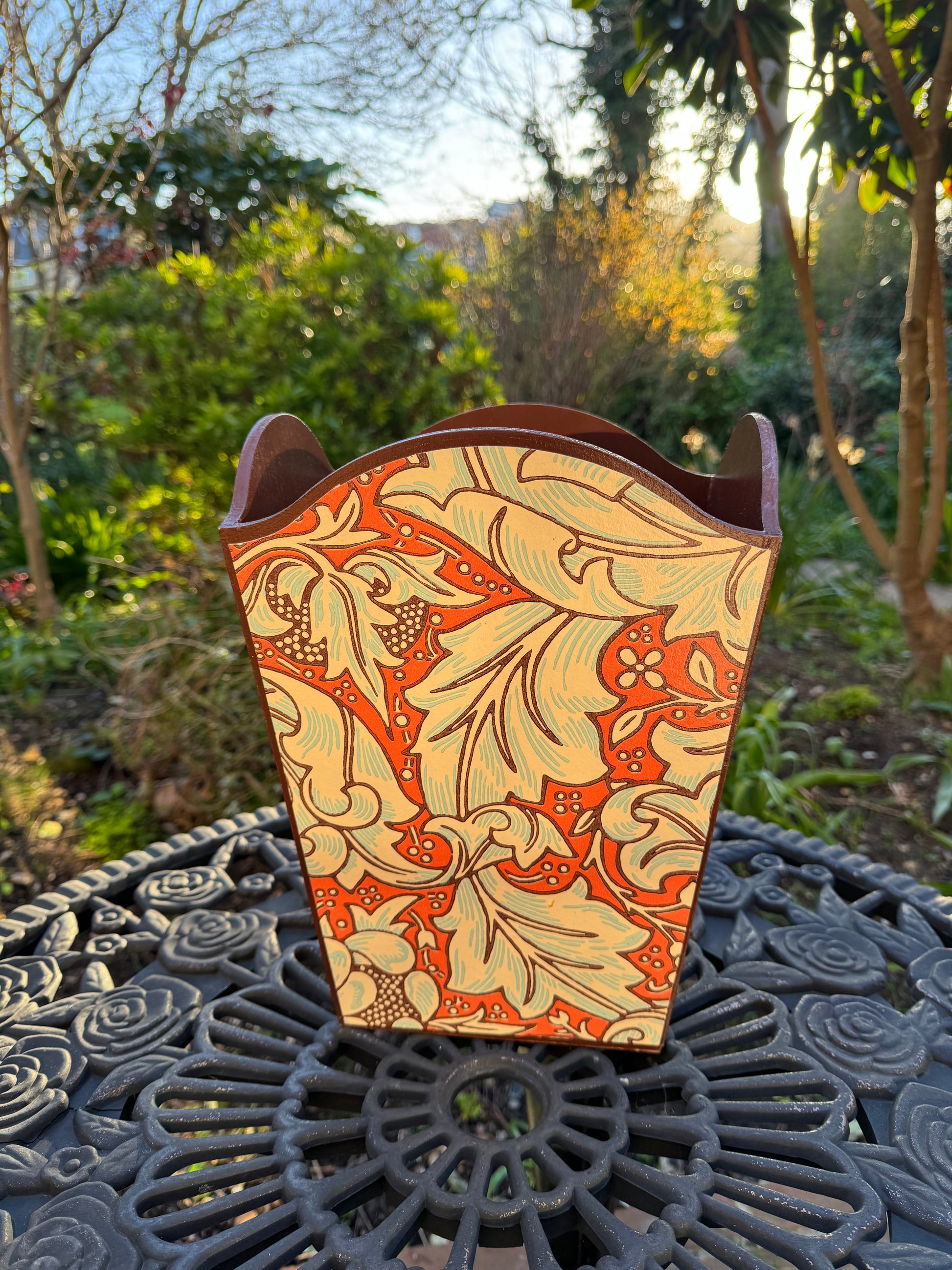 CLERKENWELL **LIMITED EDITION** Waste paper bin & square tissue box cover - Decoupaged in Batchelor's Button/Morris &Co - colourway burnt orange/sky..