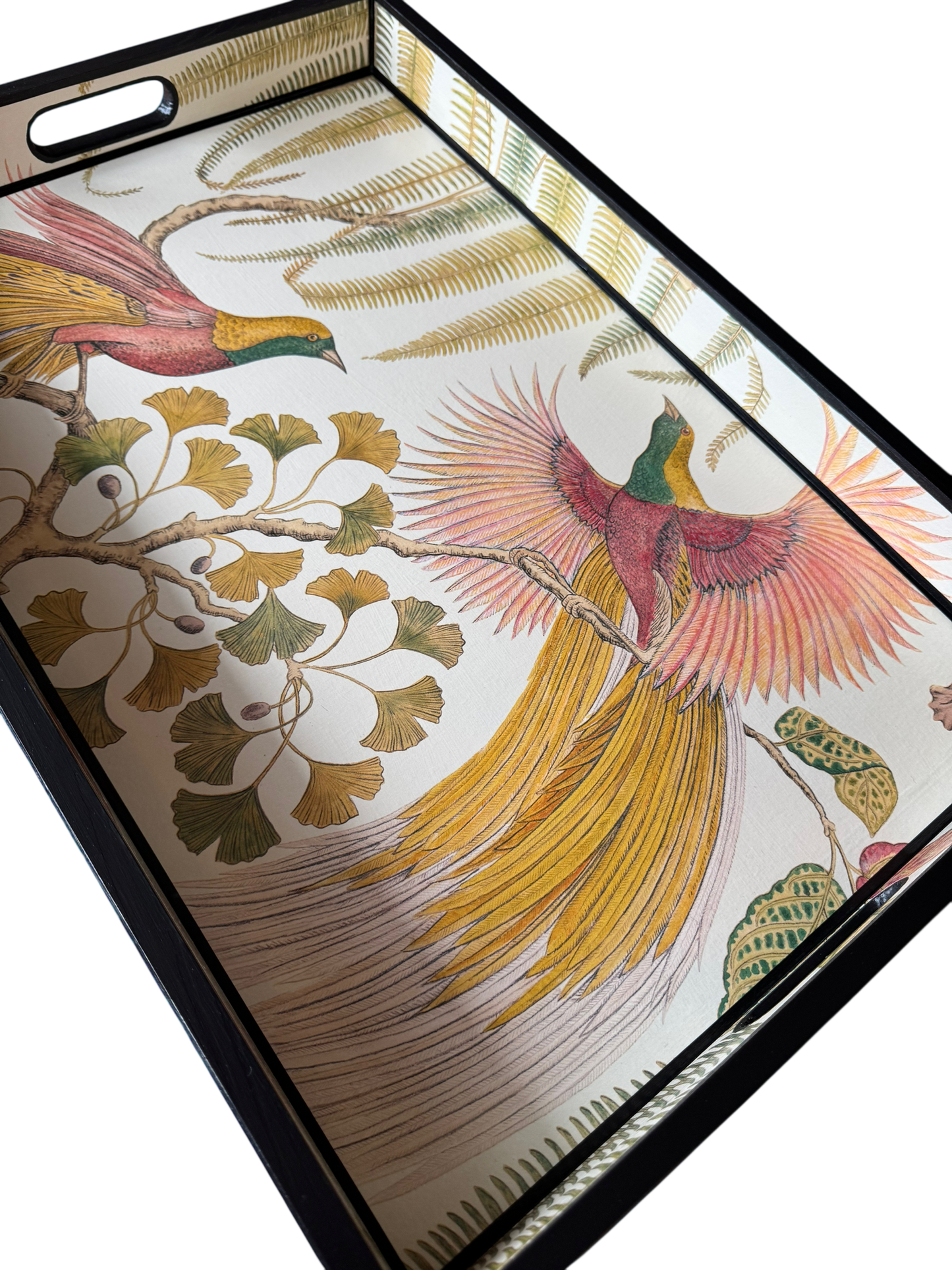 Kew Noir - Ottoman tray available in 5 x sizes - Decoupage in Bird of Paradise by Sanderson in Olive colourway