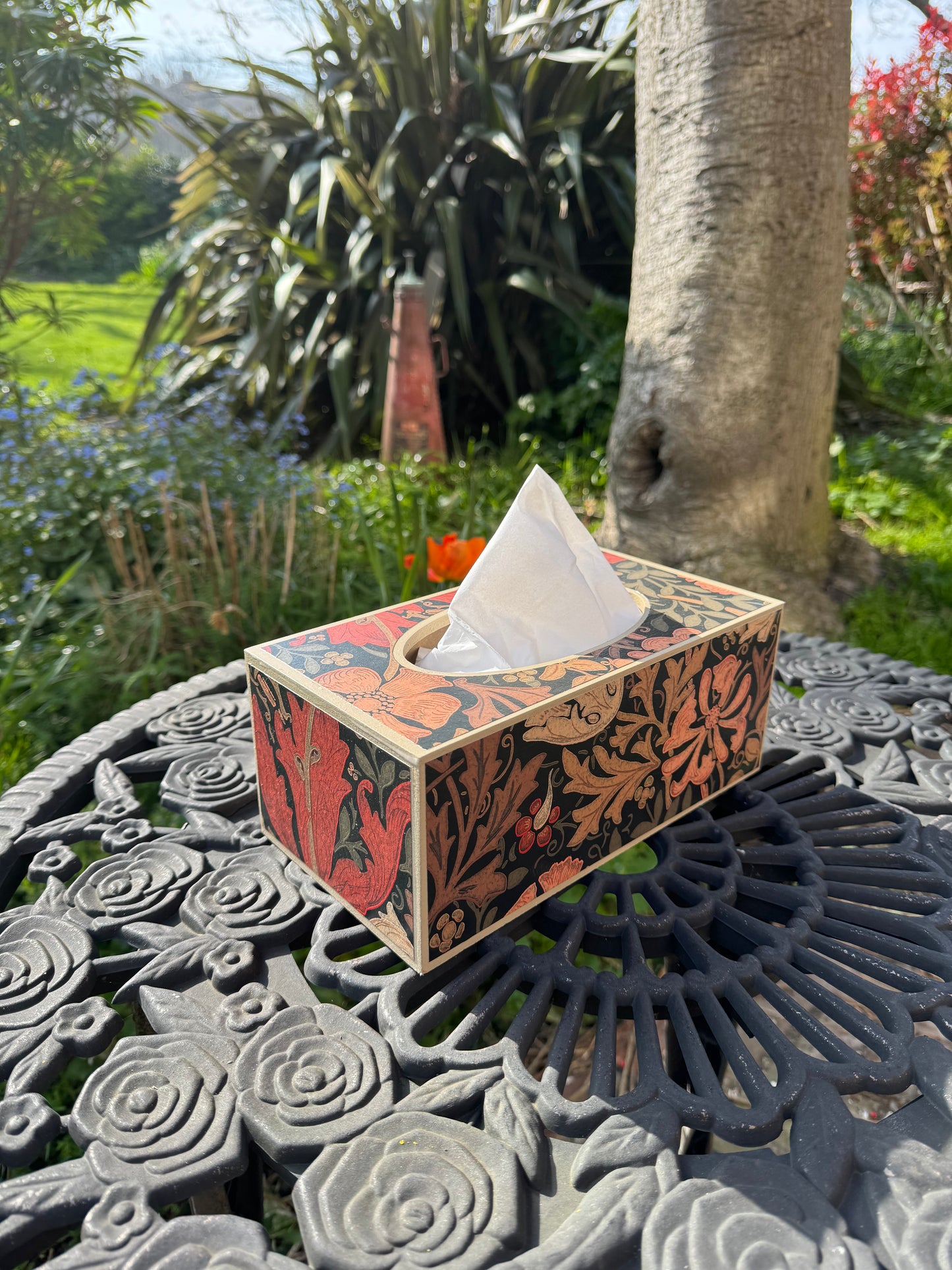 BELGRAVIA - waste paper bin & rectangle tissue box cover - Decoupage in Compton/Morris & Co in burnt orange/brown colourway