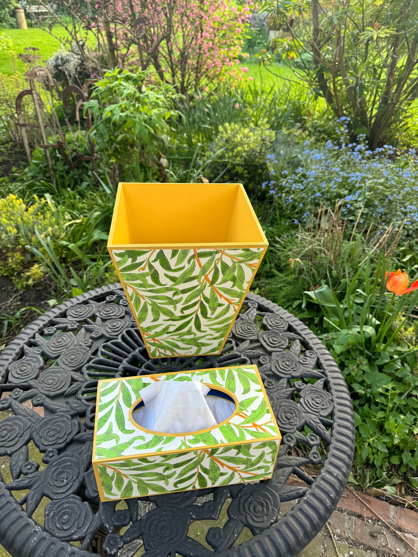 BROADSTAIRS - Waste paper bin & rectangle tissue box cover - Decoupage in Willow Boughs Cornubia/Morris & Co in green colourway