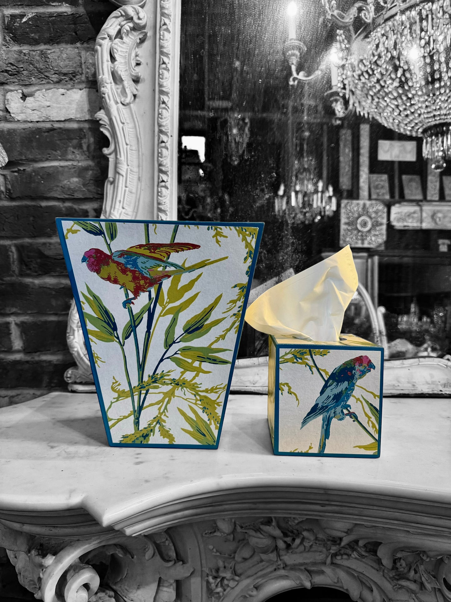 Bloomsbury - Matching set - Waste paper bin and square or rectangle tissue box cover - Decoupage in Great Ormond Street/Little Greene in tropical colour way