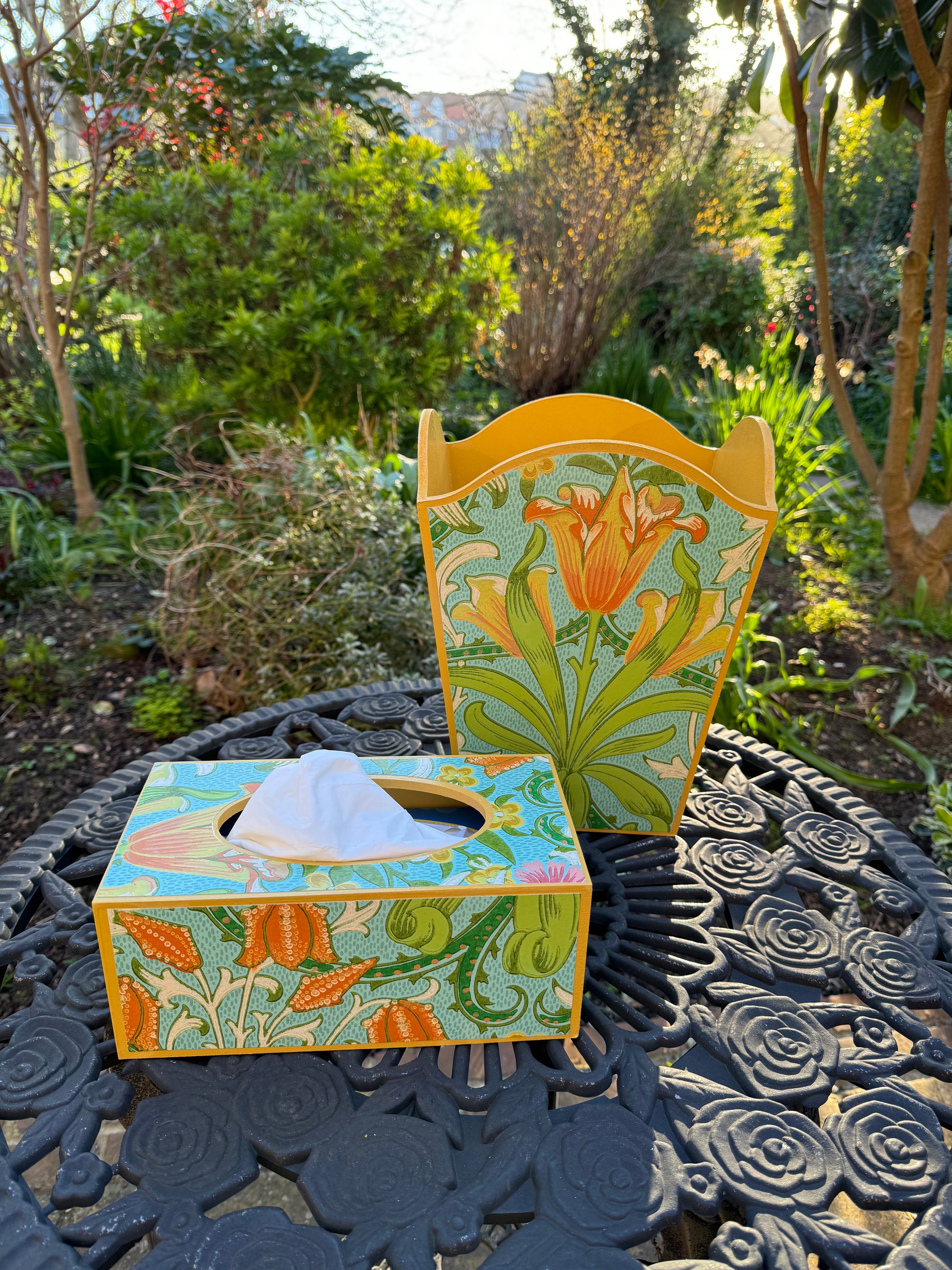 HIGHGATE **LIMITED EDITION** Waste paper bin & tissue box cover  - Decoupage in Woodland Weeds Cornubia/Ben Pentreath/Morris & Co in orange/turquoise colourway..