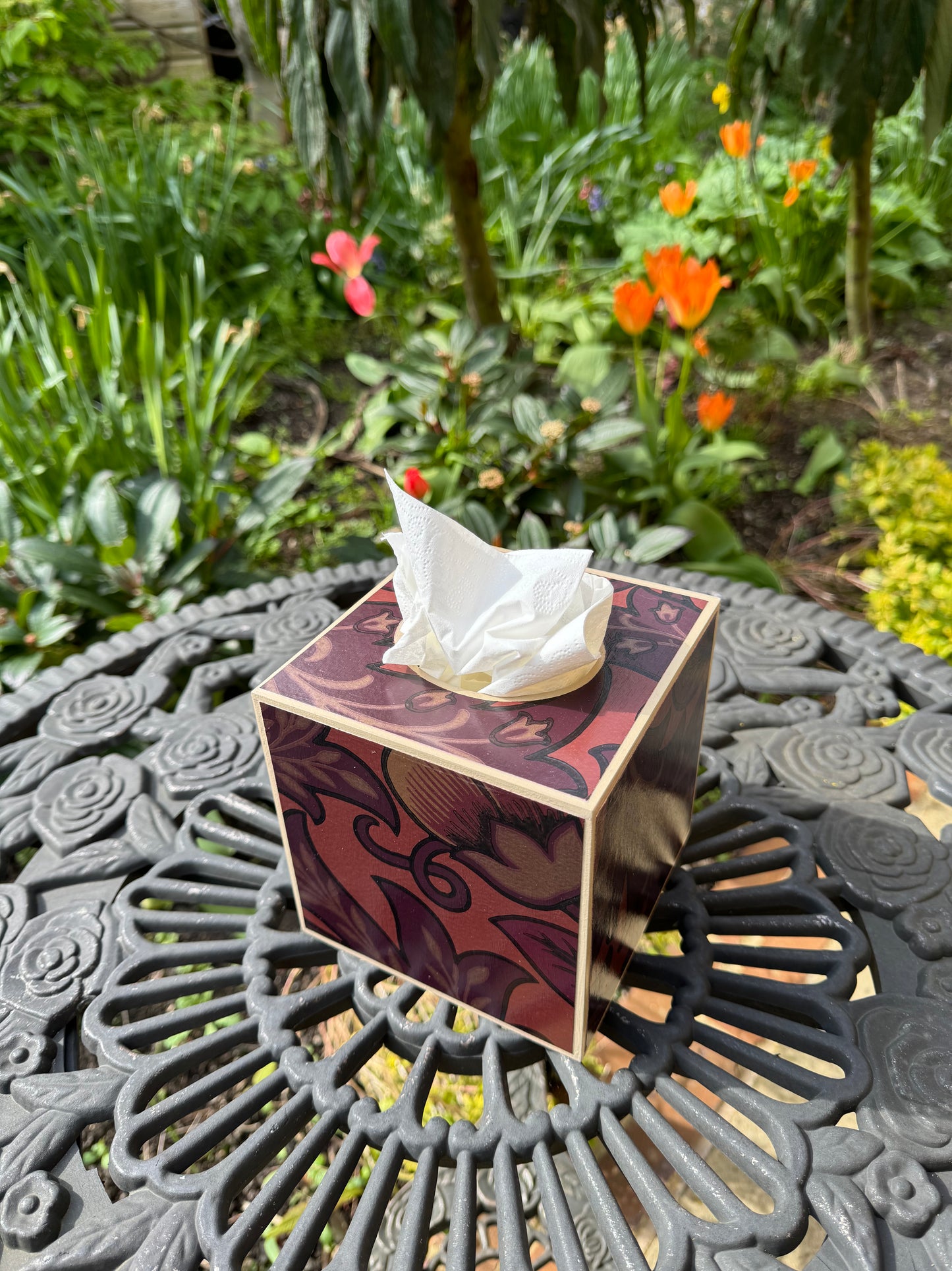 CAMDEN - Square tissue box cover - Decoupage in Artichoke/Morris & Co/Sanderson in wine colourway.