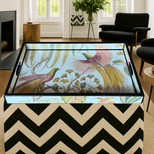 Kew Noir - Ottoman tray available in 5 x sizes - Decoupage in Bird of Paradise by Sanderson in Olive colourway