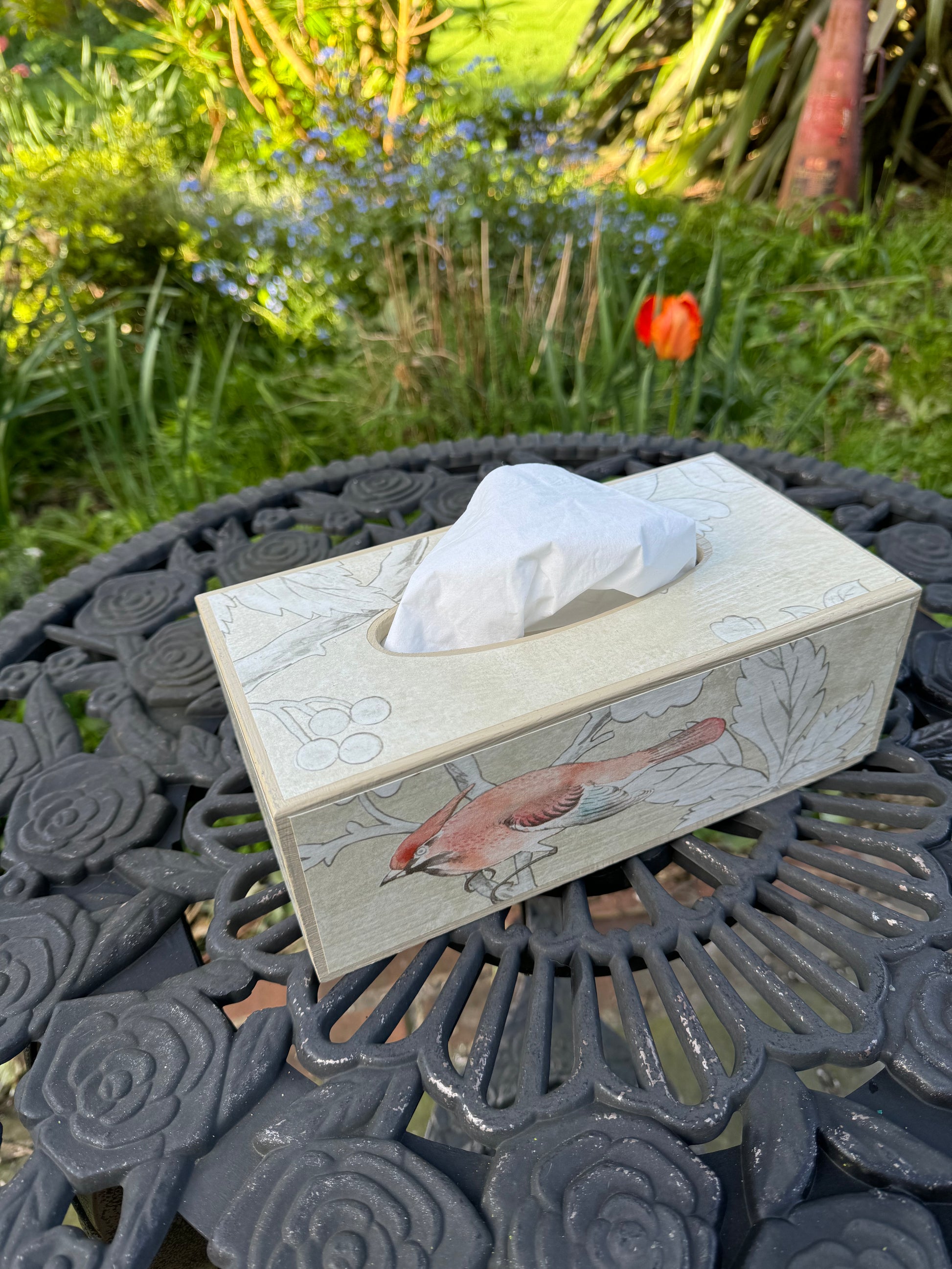 CHISWICK - Waste paper bin & square tissue box holder - Decoupage in Chiswick Grove Grove/Sanderson in gold colourway..