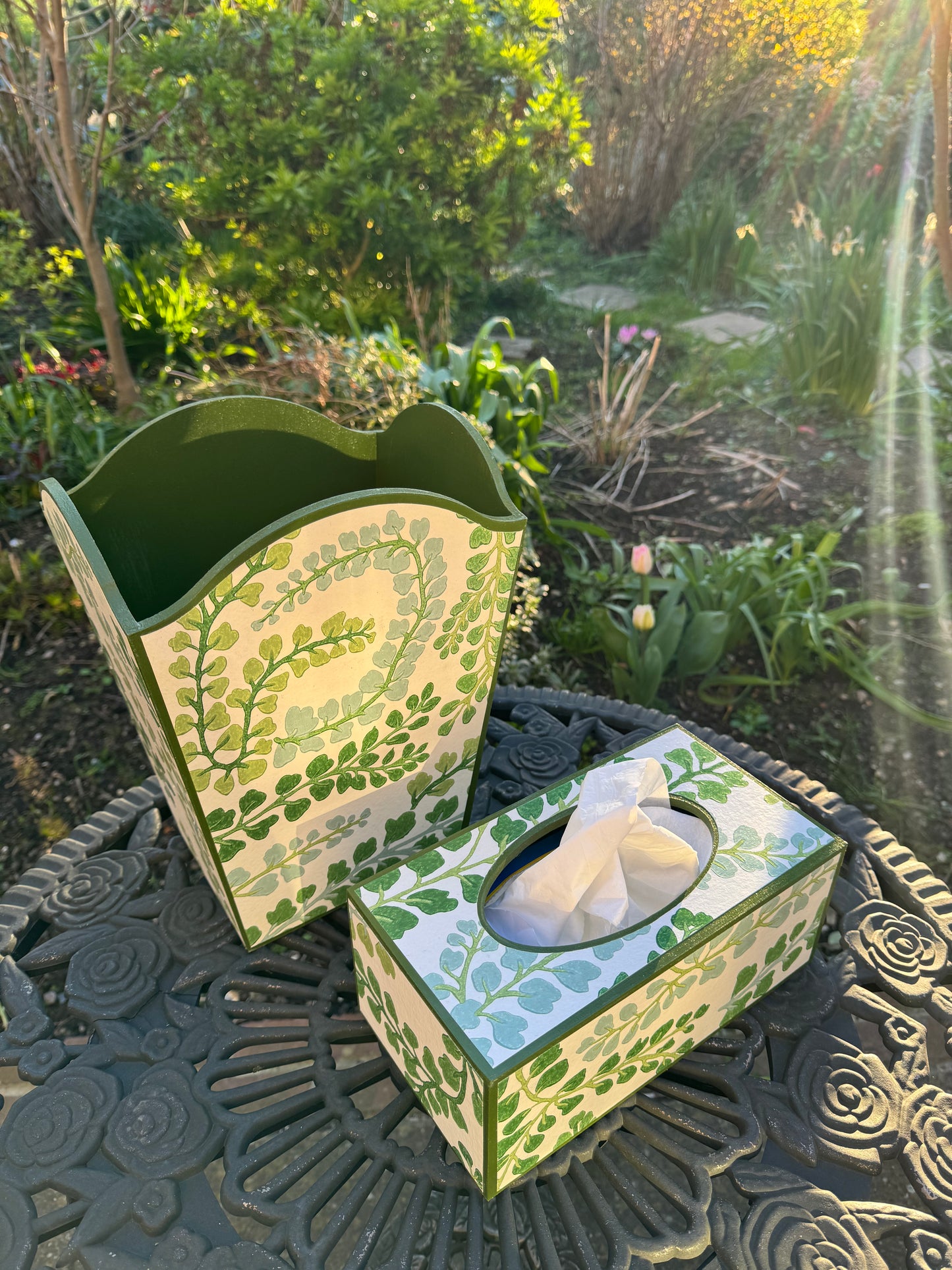 BARNES - waste paper bin & rectangle tissue box cover - Decoupage in Fayola/Harlequin in clover/chalk colour way.