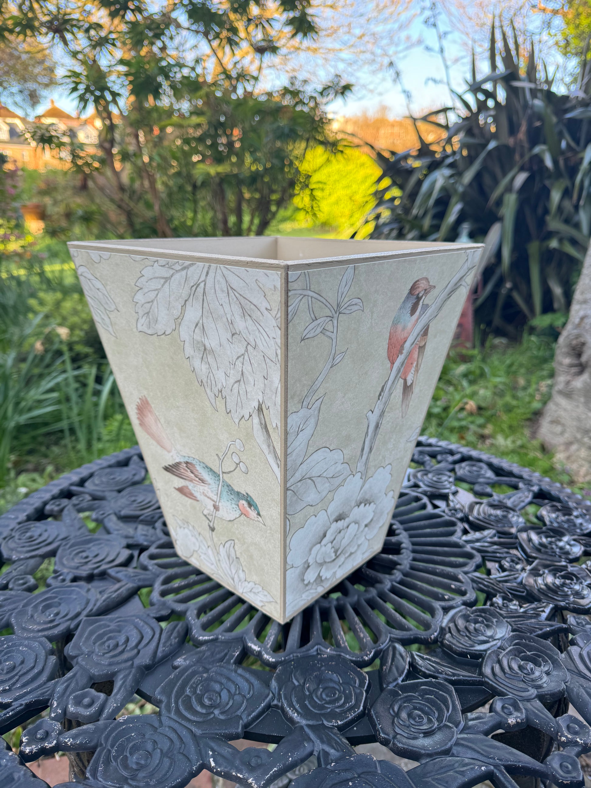 CHISWICK - Waste paper bin & square tissue box holder - Decoupage in Chiswick Grove Grove/Sanderson in gold colourway..