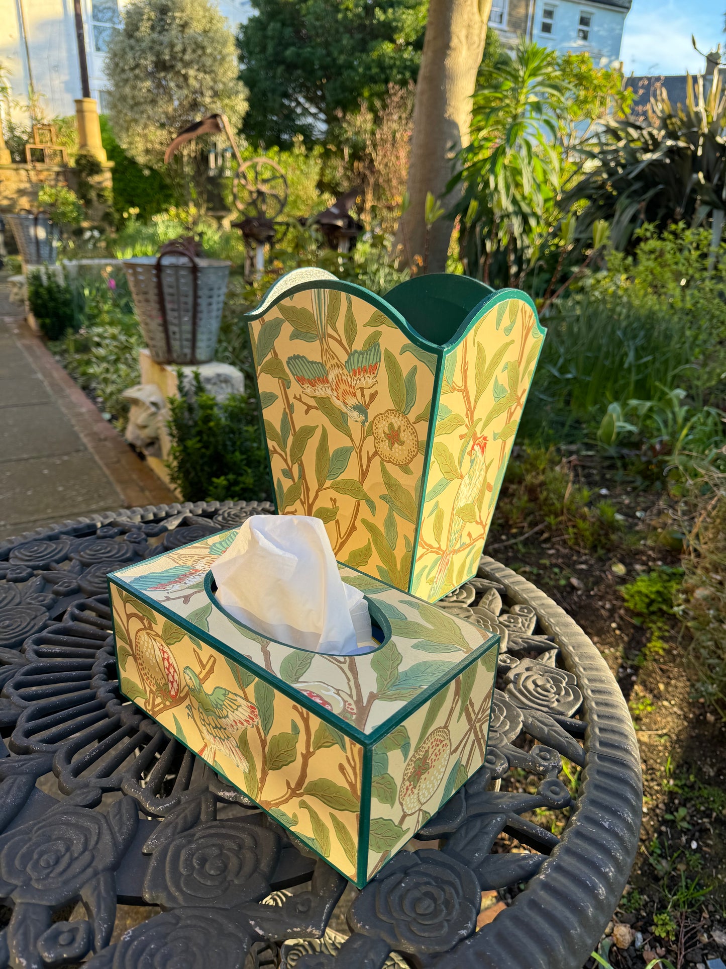 GLOUCESTERSHIRE **LIMITED EDITION** - Waste paper bin & rectangle tissue box - Decoupage in Bird & Pomegranate The Craftsman Wallpaper/Morris & Co in bayleaf/cream colourway..