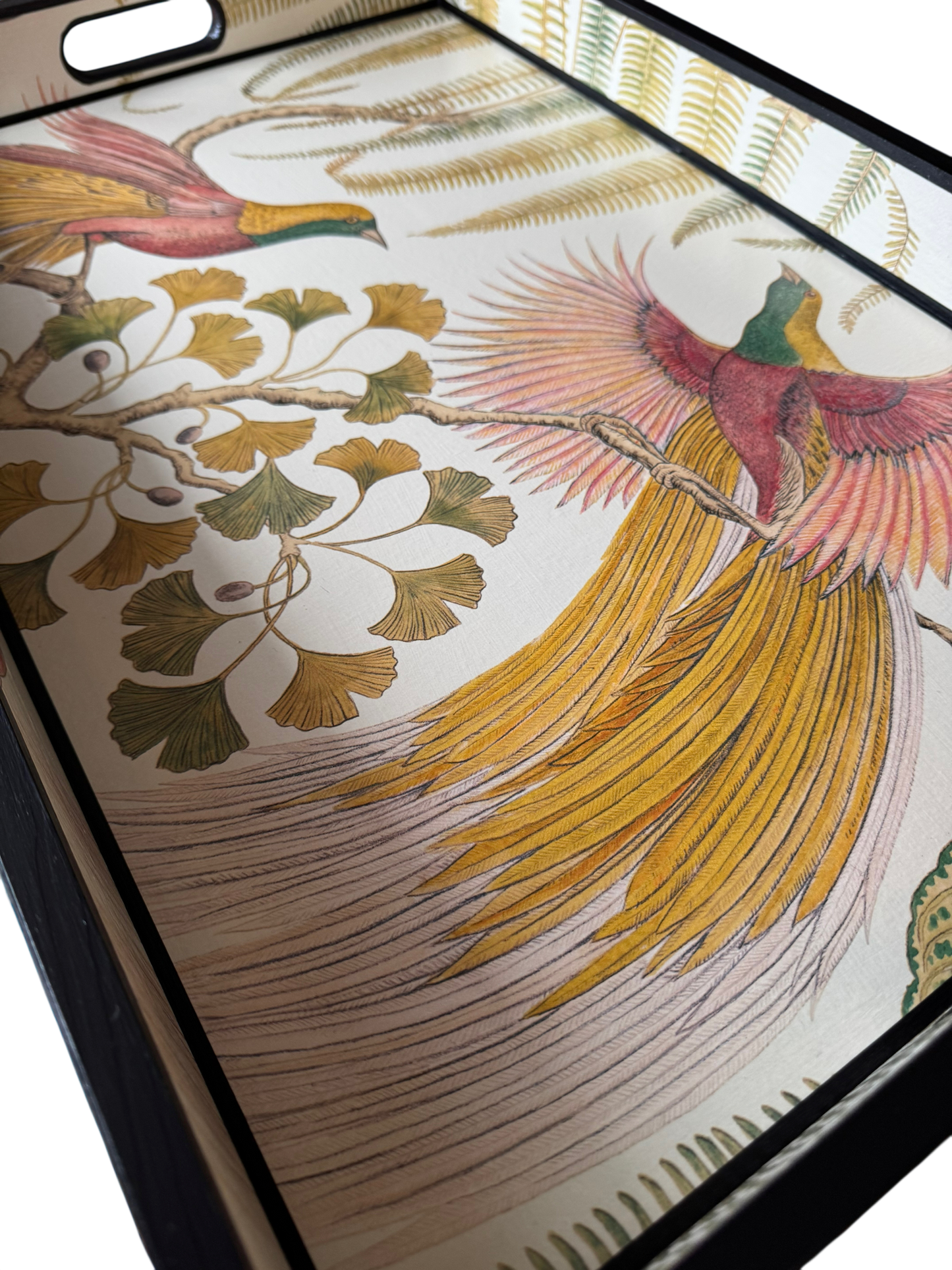 Kew Noir - Ottoman tray available in 5 x sizes - Decoupage in Bird of Paradise by Sanderson in Olive colourway