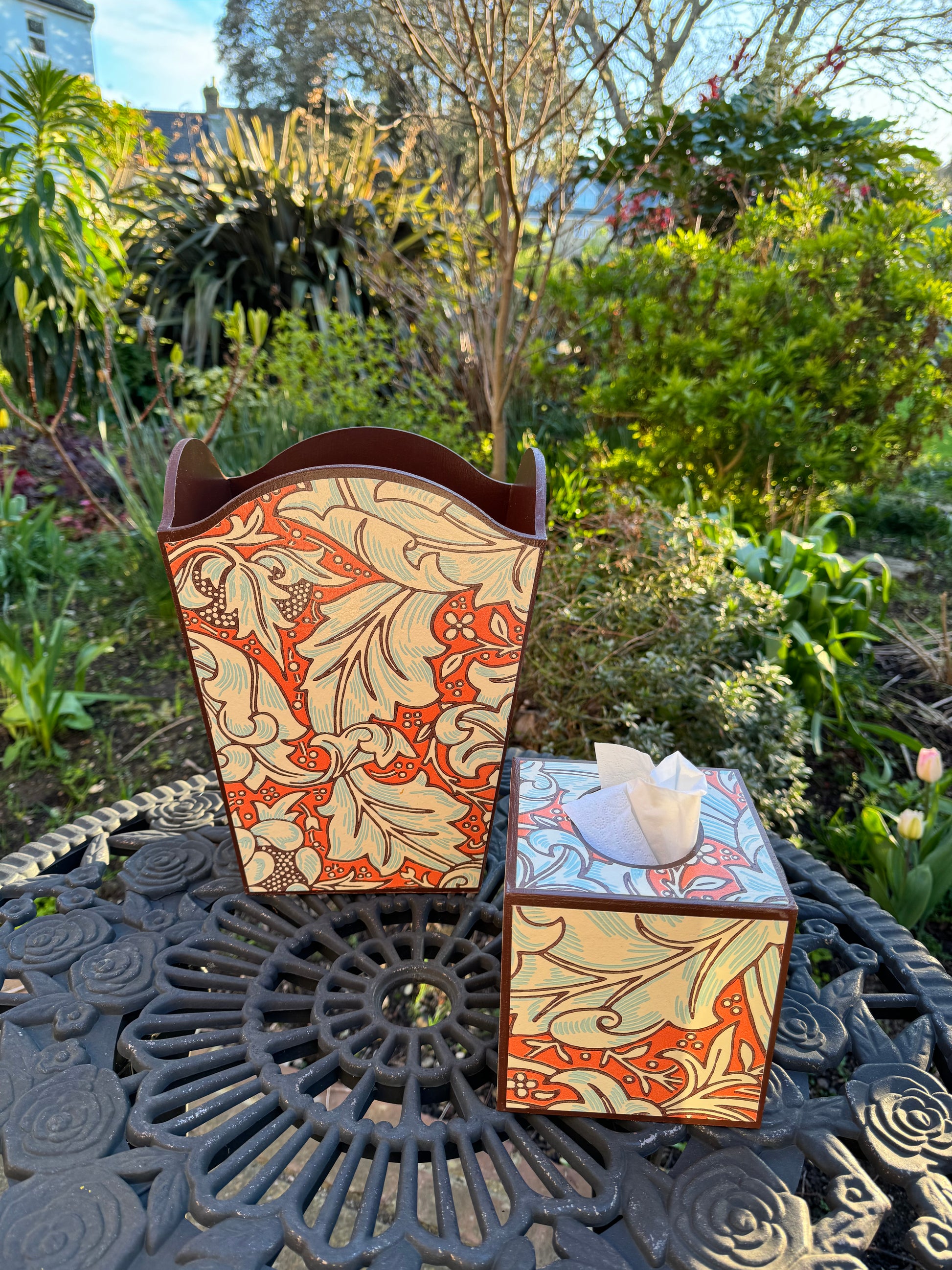 CLERKENWELL **LIMITED EDITION** Waste paper bin & square tissue box cover - Decoupaged in Batchelor's Button/Morris &Co - colourway burnt orange/sky..