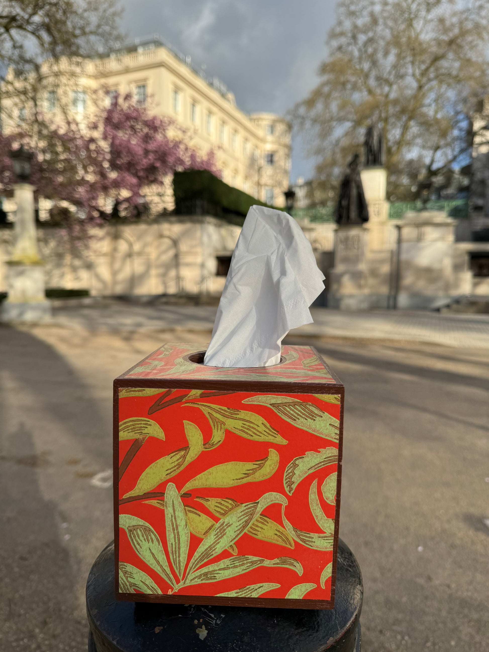 HOLBORN - Waste paper bin & tissue box cover - Decoupage in Willow Boughs/Morris & Co in Tomato/Olive colourway.