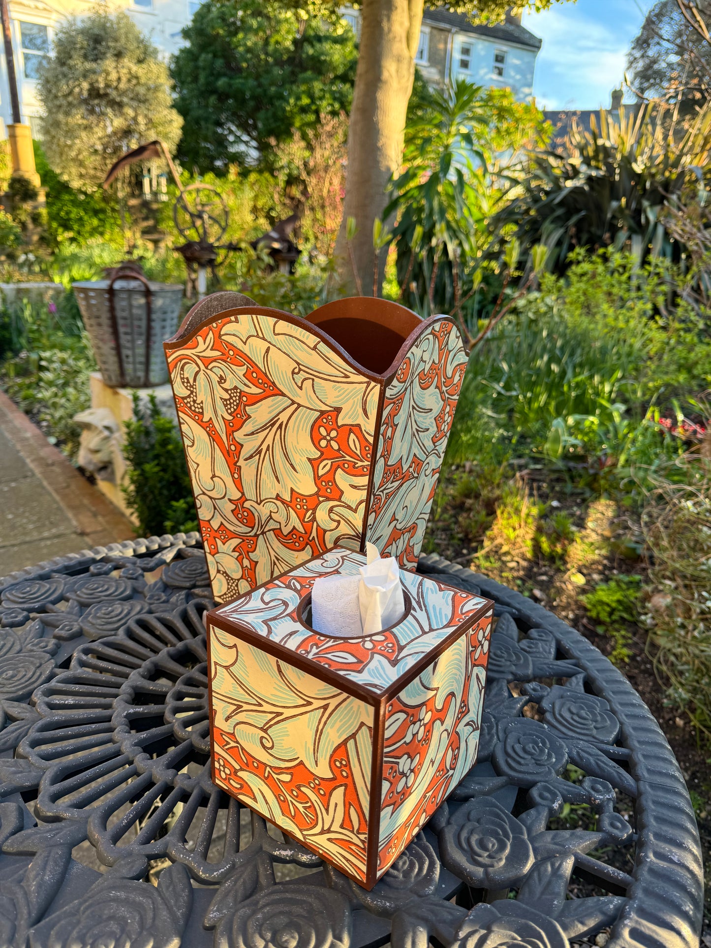 CLERKENWELL **LIMITED EDITION** Waste paper bin & square tissue box cover - Decoupaged in Batchelor's Button/Morris &Co - colourway burnt orange/sky..