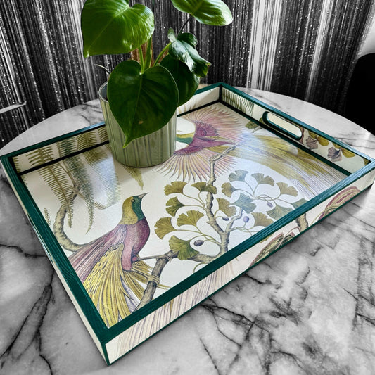 KEW Tray available in 4 x sizes - Decoupage in Birds of Paradise/Sanderson in in Orchid colourway