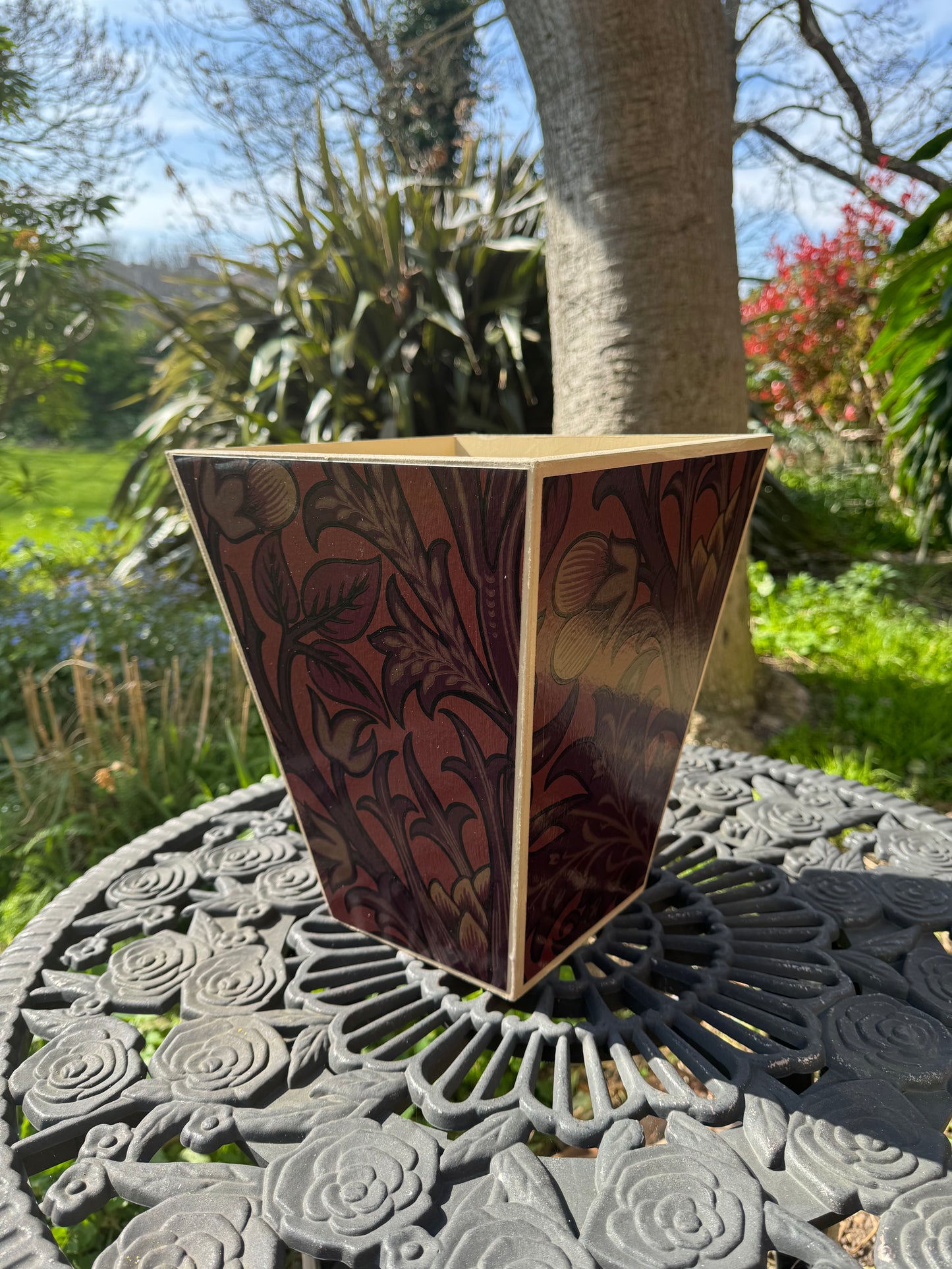 CAMDEN - Waste paper bin & square tissue box cover - Decoupage in Artichoke/Morris & Co/Sanderson in wine colourway.