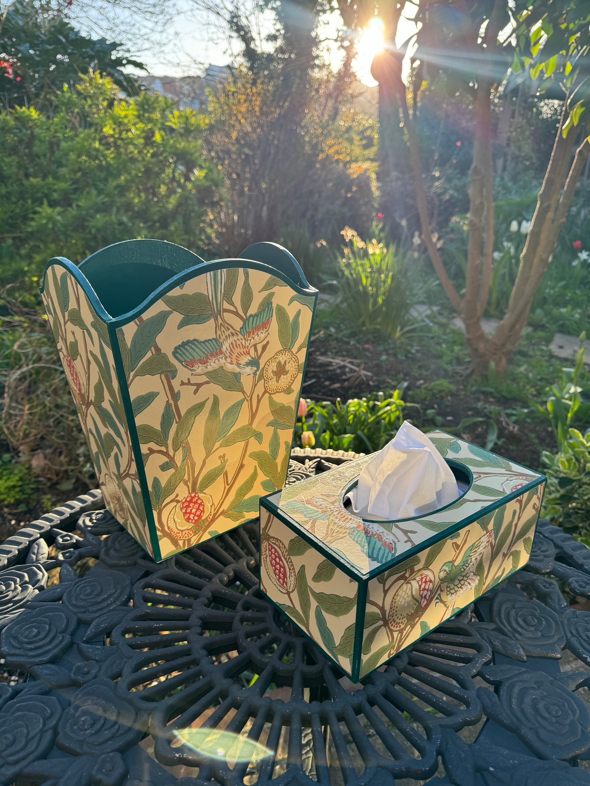 GLOUCESTERSHIRE **LIMITED EDITION** - Waste paper bin & rectangle tissue box - Decoupage in Bird & Pomegranate The Craftsman Wallpaper/Morris & Co in bayleaf/cream colourway..