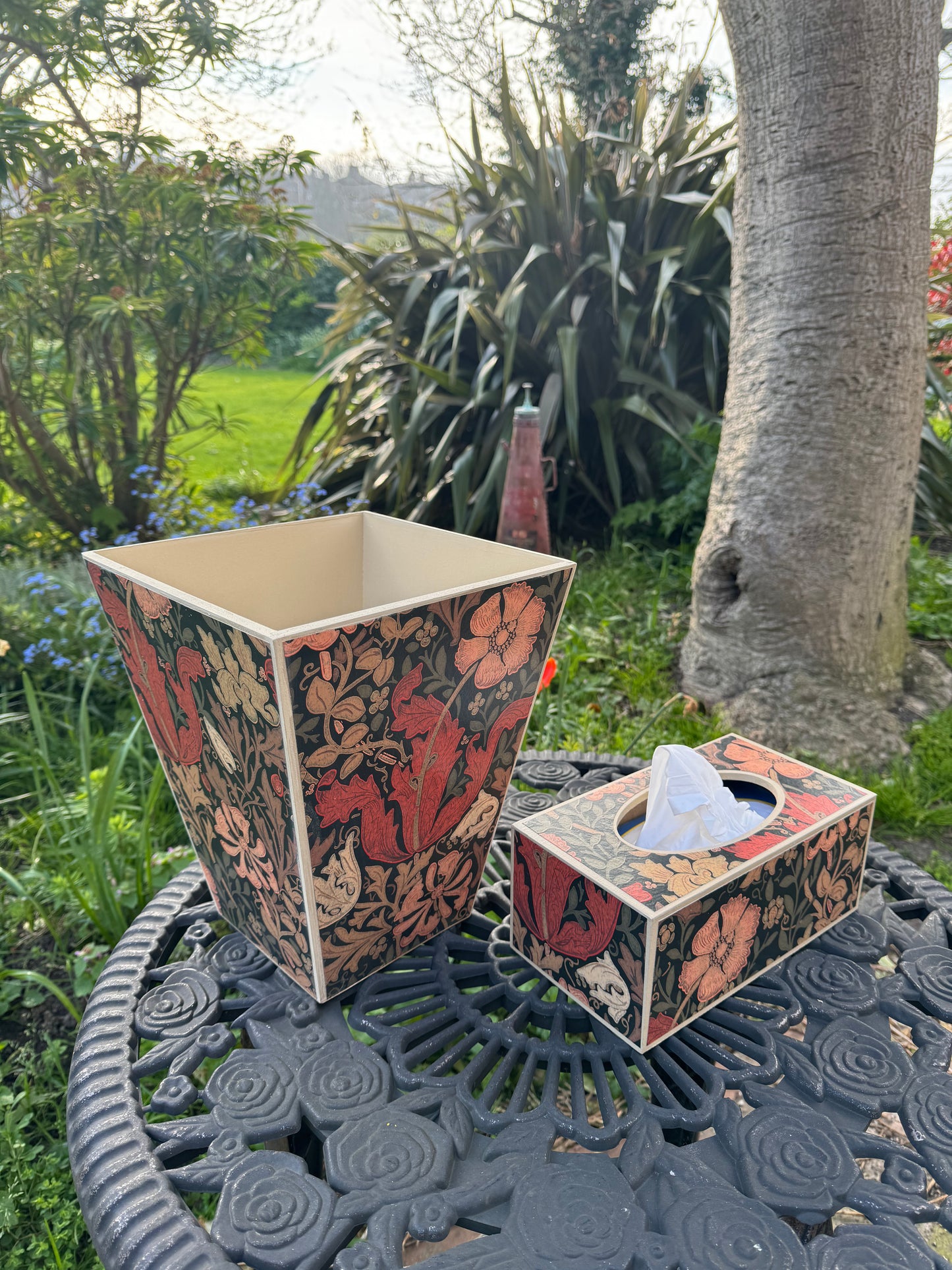 BELGRAVIA - waste paper bin & rectangle tissue box cover - Decoupage in Compton/Morris & Co in burnt orange/brown colourway