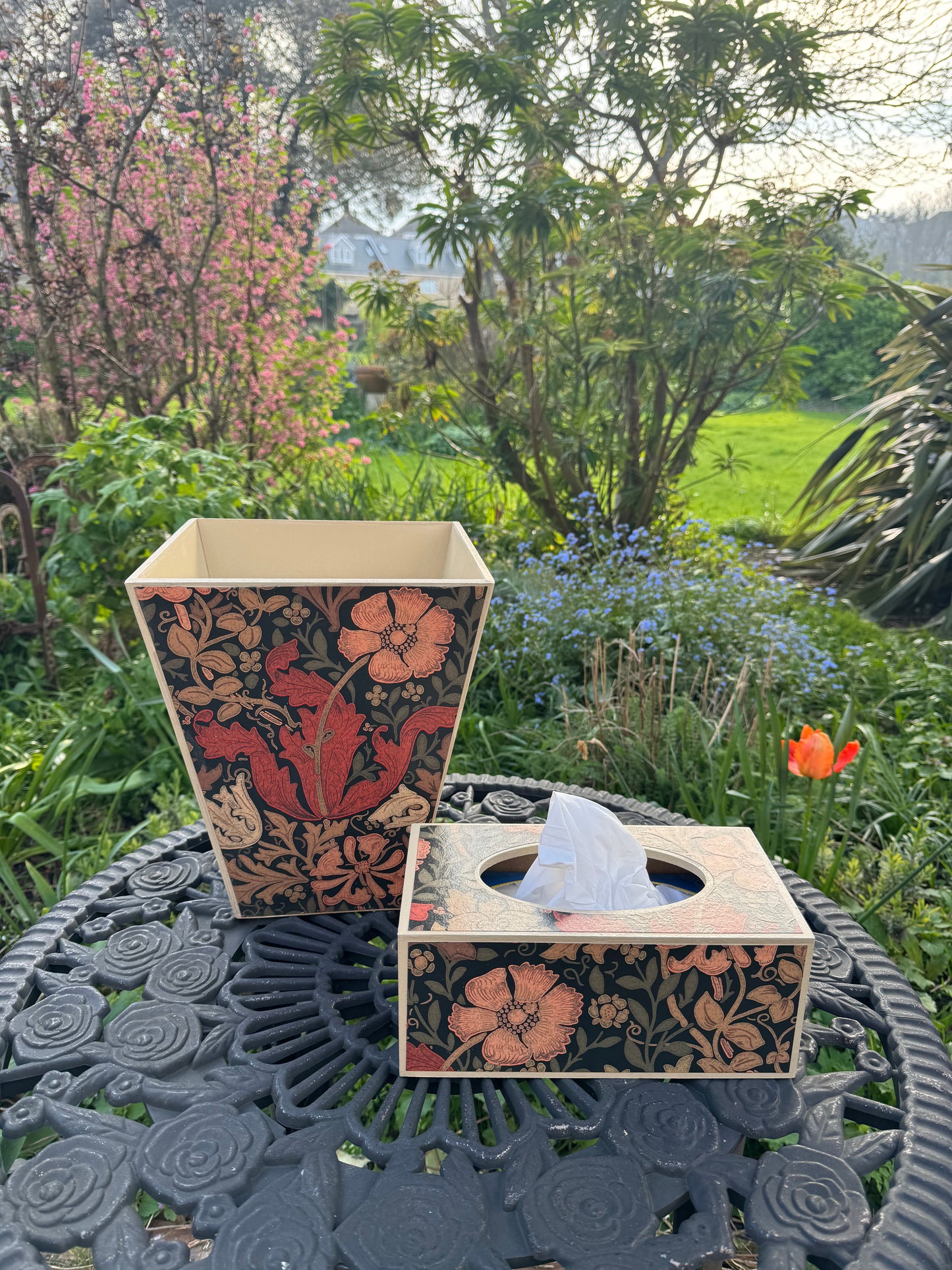 BELGRAVIA - waste paper bin & rectangle tissue box cover - Decoupage in Compton/Morris & Co in burnt orange/brown colourway