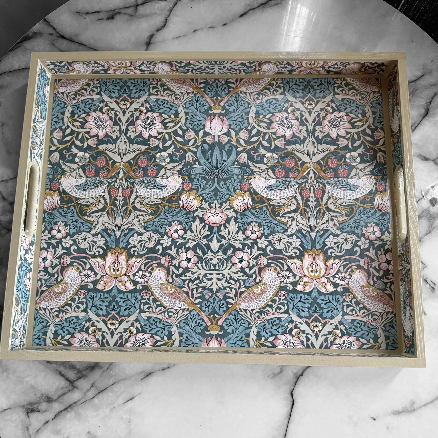 KELMSCOTT SLATE Tray available in 4 x sizes - Decoupage in Strawberry Thief/Clarke & Clarke in slate colourway.