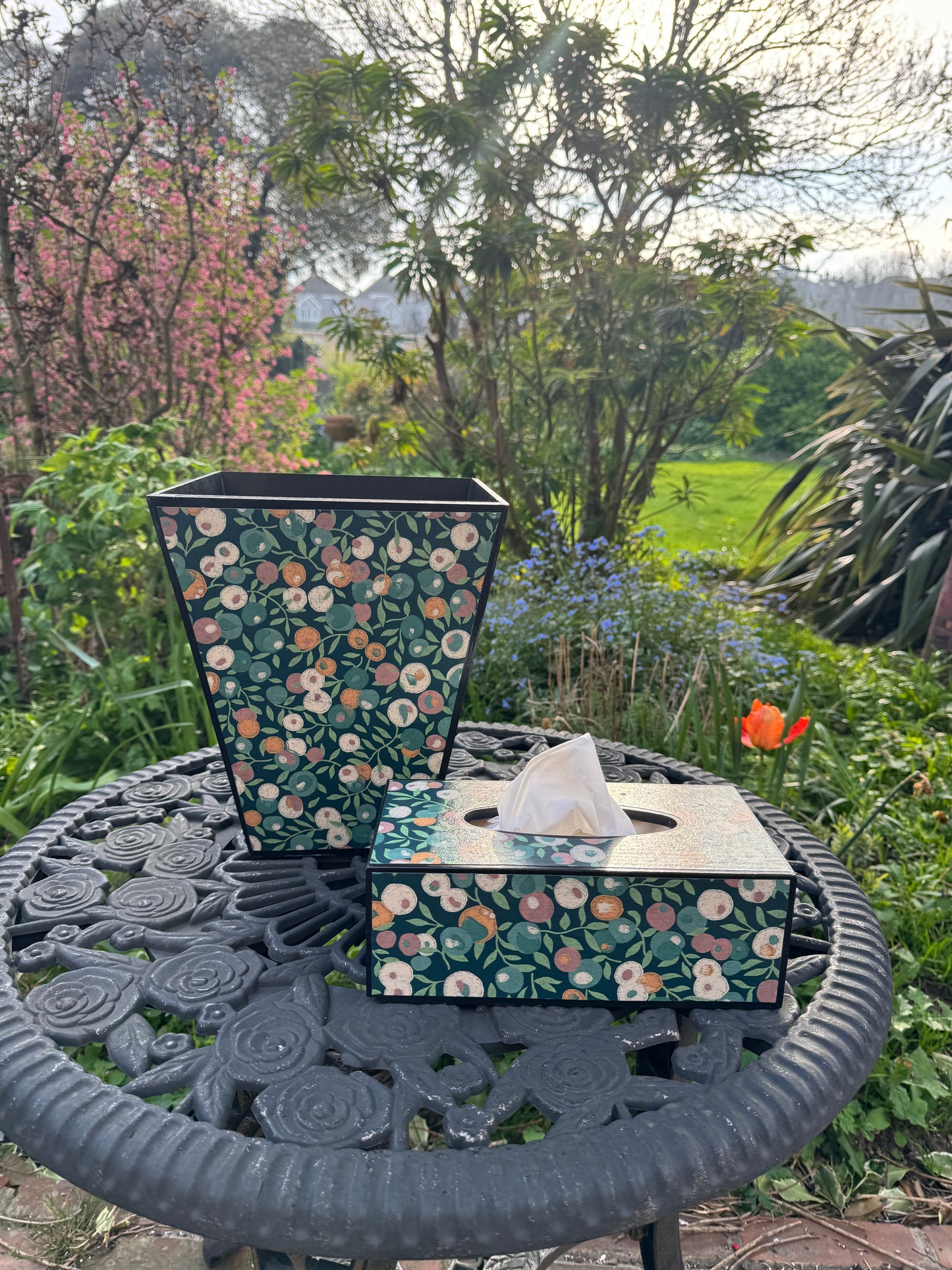 CARNABY - Waste paper bin & rectangle tissue box cover - Decoupage in Liberty London/Wiltshire in Lechen colourway.