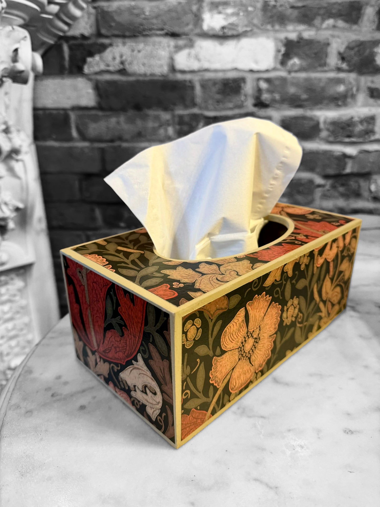 BELGRAVIA - rectangle tissue box cover - decoupage in Compton/Morris & Co in burnt orange/brown colourway