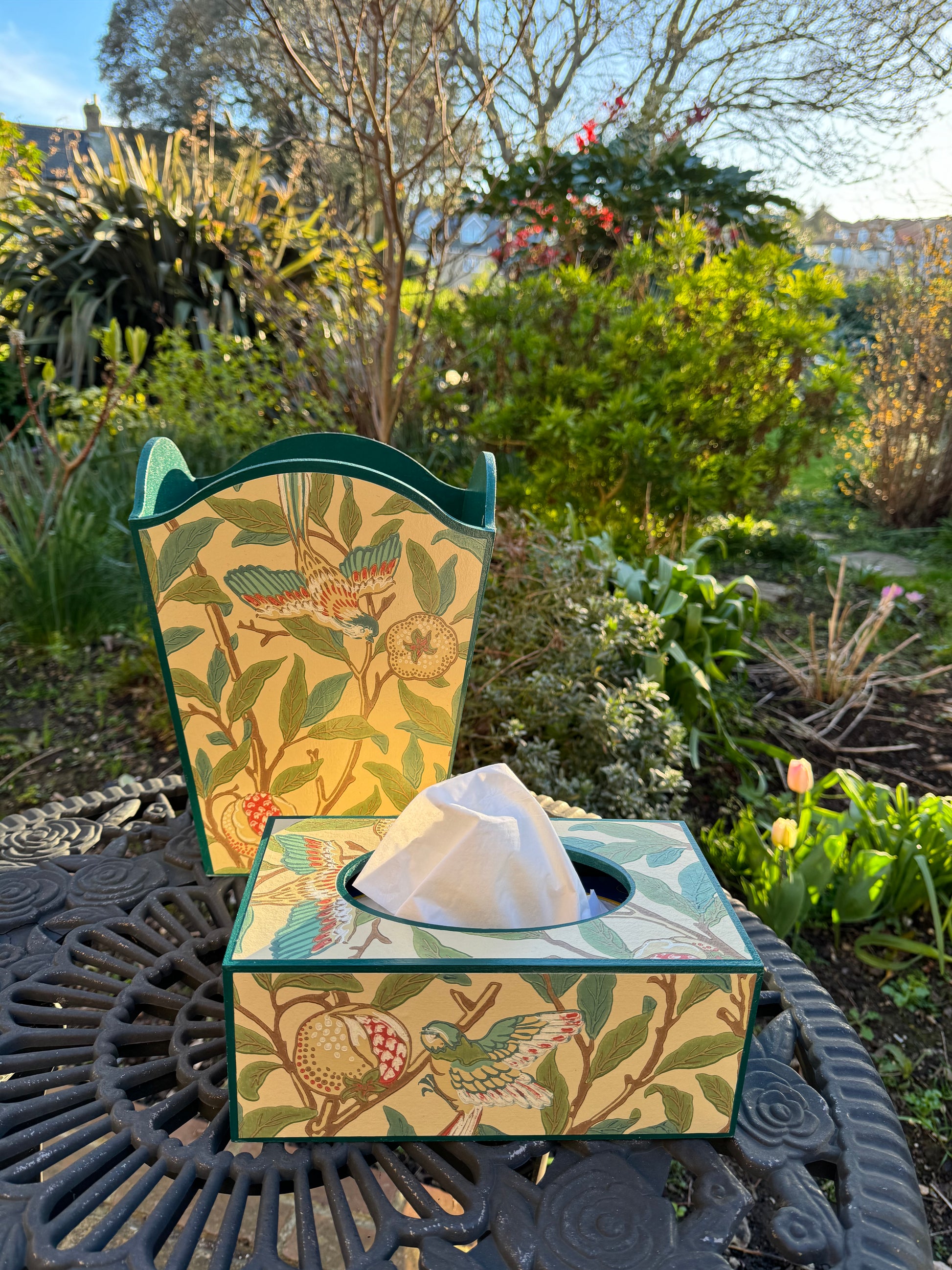 GLOUCESTERSHIRE **LIMITED EDITION** - Waste paper bin & rectangle tissue box - Decoupage in Bird & Pomegranate The Craftsman Wallpaper/Morris & Co in bayleaf/cream colourway..