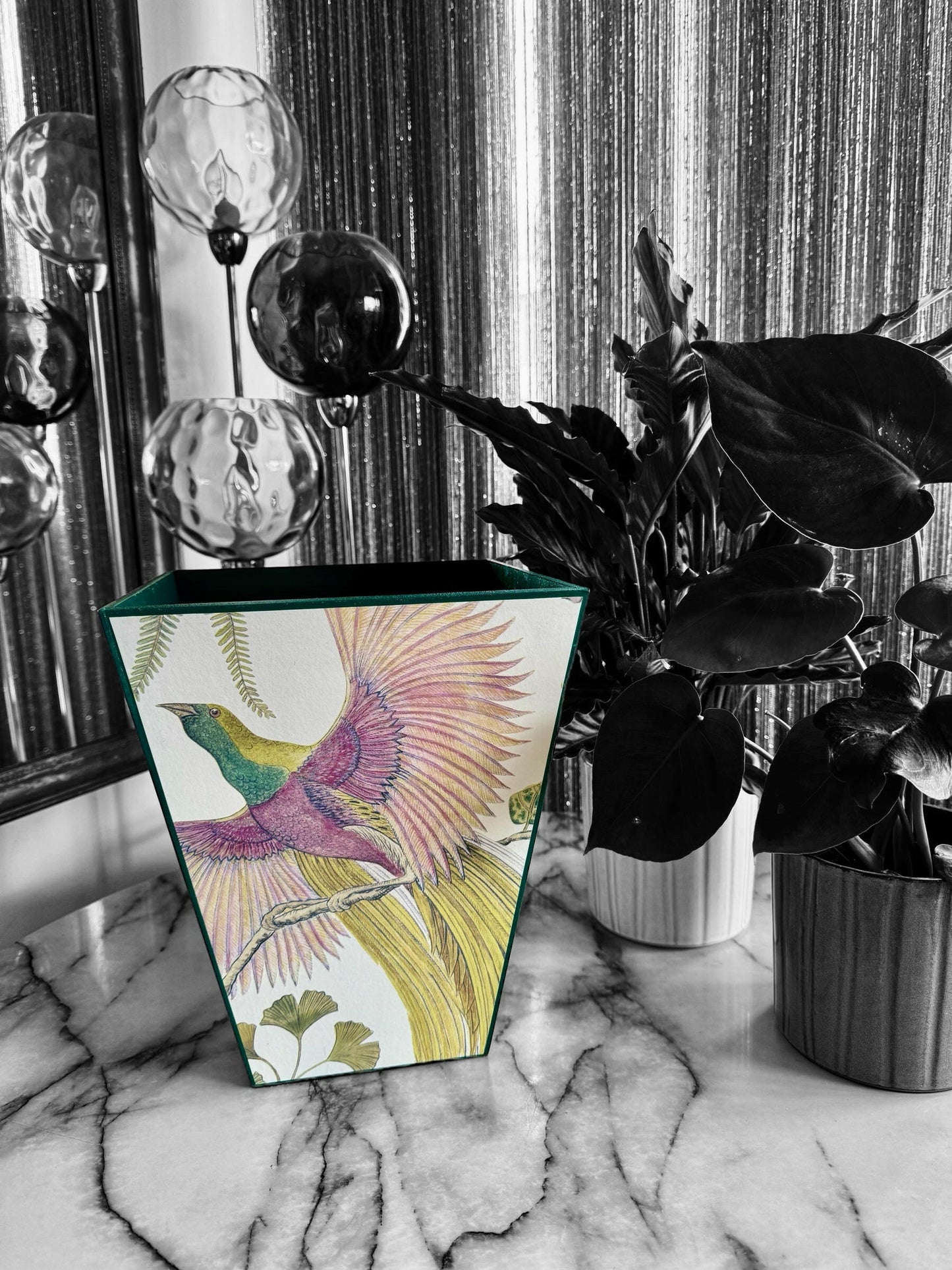 KEW Waste paper bin - Decoupage in Birds of Paradise/Sanderson in in Orchid colourway