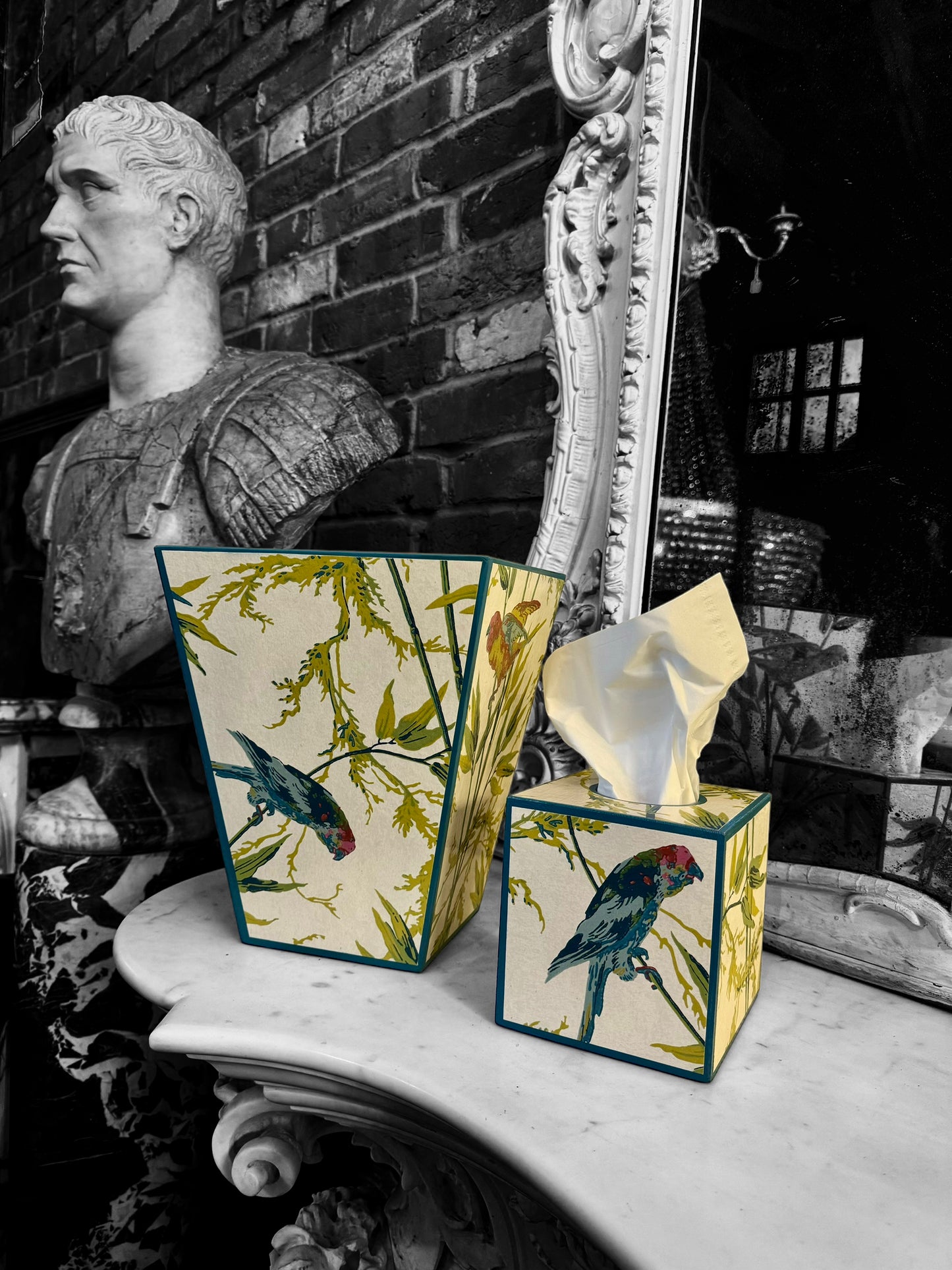 Bloomsbury - Matching set - Waste paper bin and square or rectangle tissue box cover - Decoupage in Great Ormond Street/Little Greene in tropical colour way
