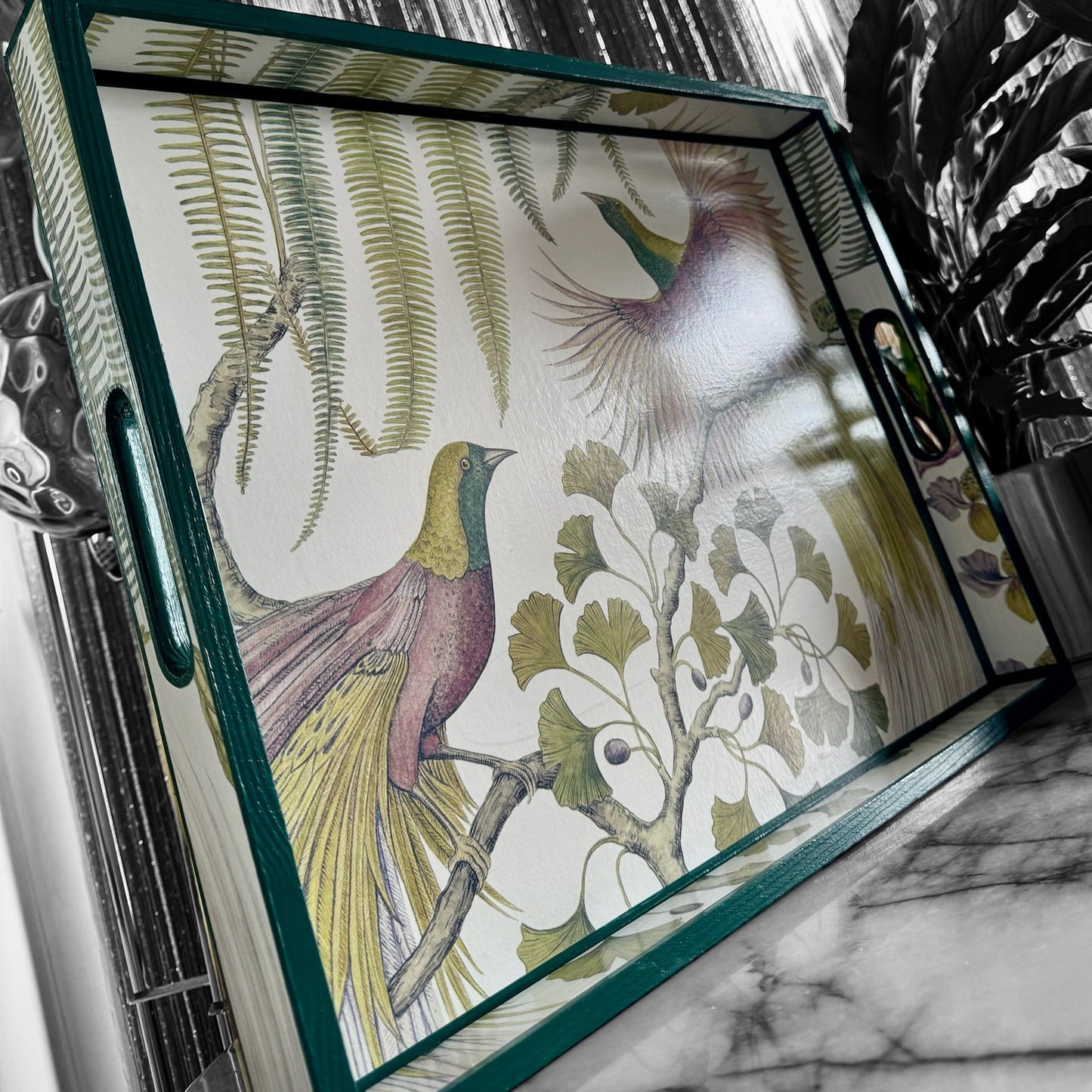 KEW Tray available in 4 x sizes - Decoupage in Birds of Paradise/Sanderson in in Orchid colourway