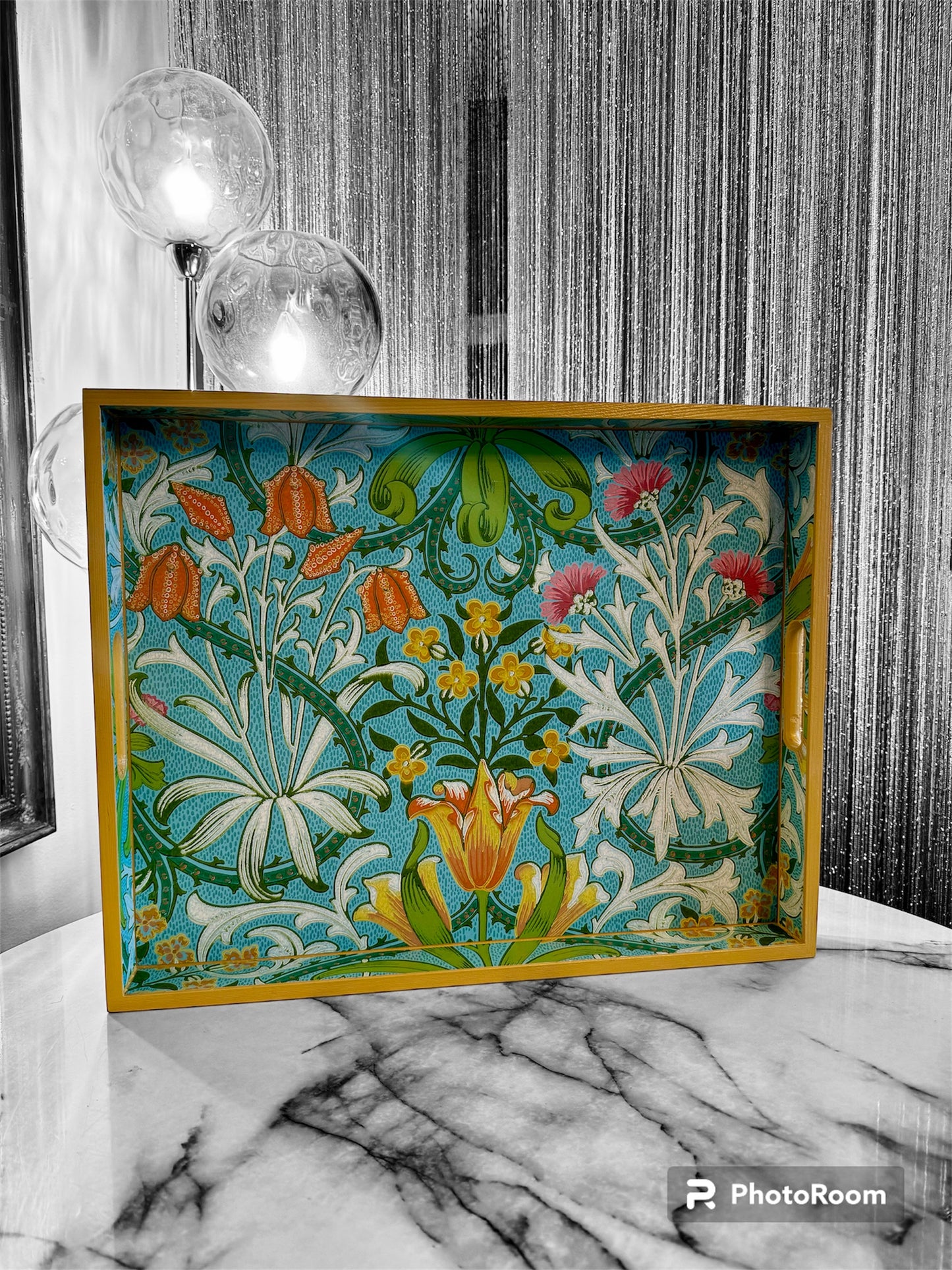 HIGHGATE **LIMITED EDITION** Tray in 4 x sizes - Decoupage in Woodland Weeds Cornubia/Ben Pentreath/Morris & Co in orange/turquoise colourway.