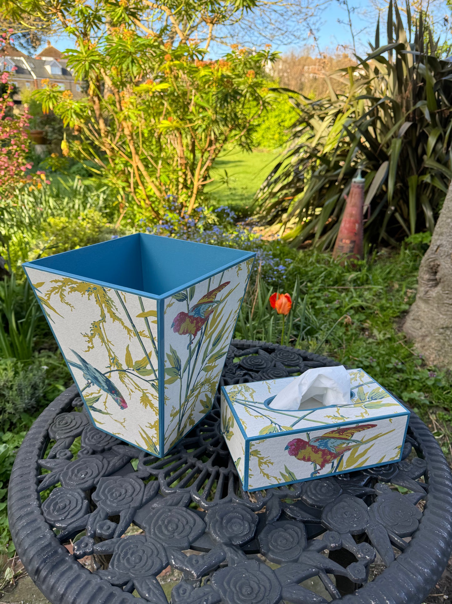 BLOOMSBURY - waste paper bin & rectangle tissue box cover - Decoupage in Great Ormond St/Little Greene.