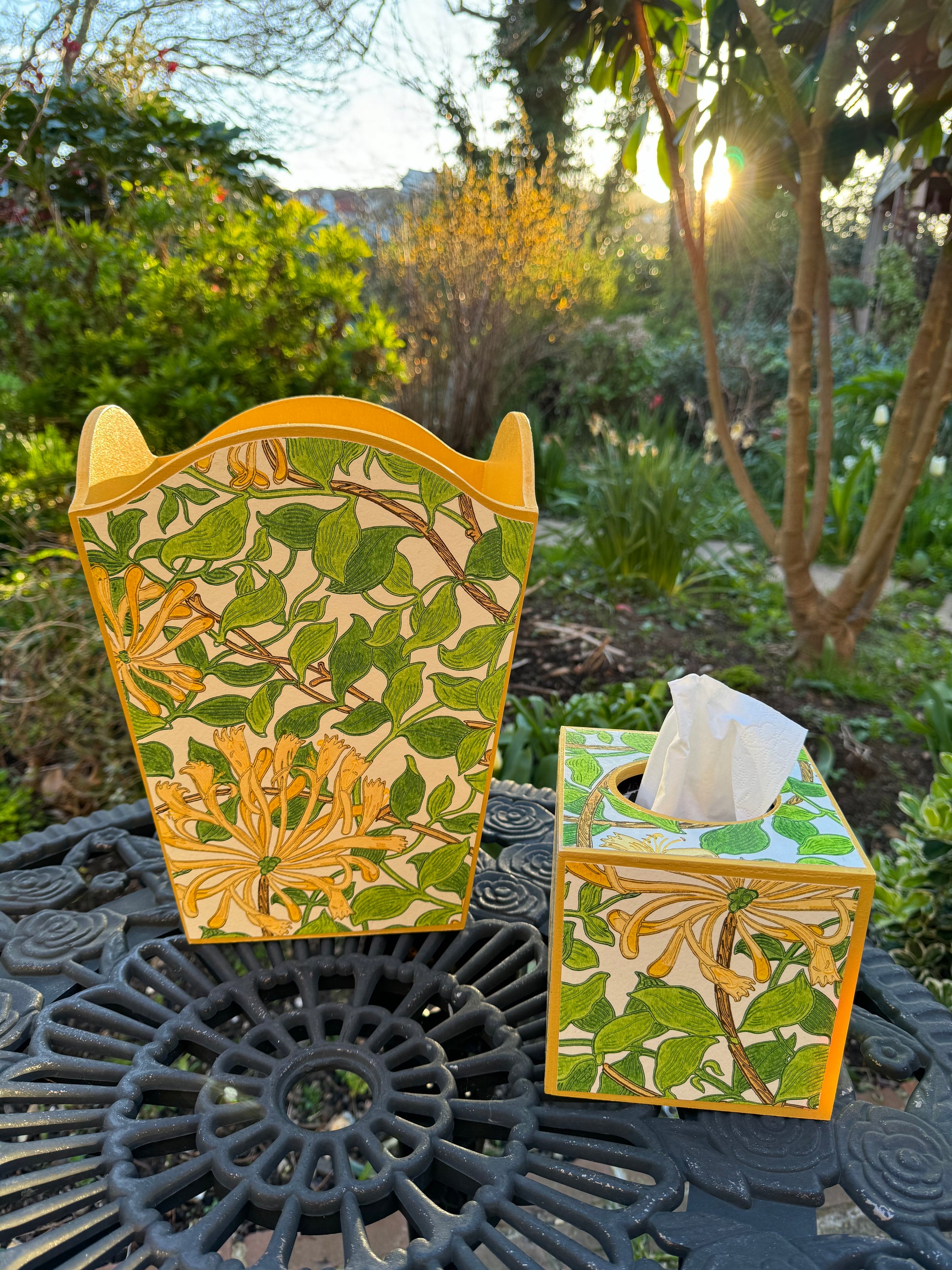 DALSTON **LIMITED EDITION** Waste paper bin & square tissue box cover - Decoupage in Honeysuckle/Morris & Co in Cream/Chocolate colour way..