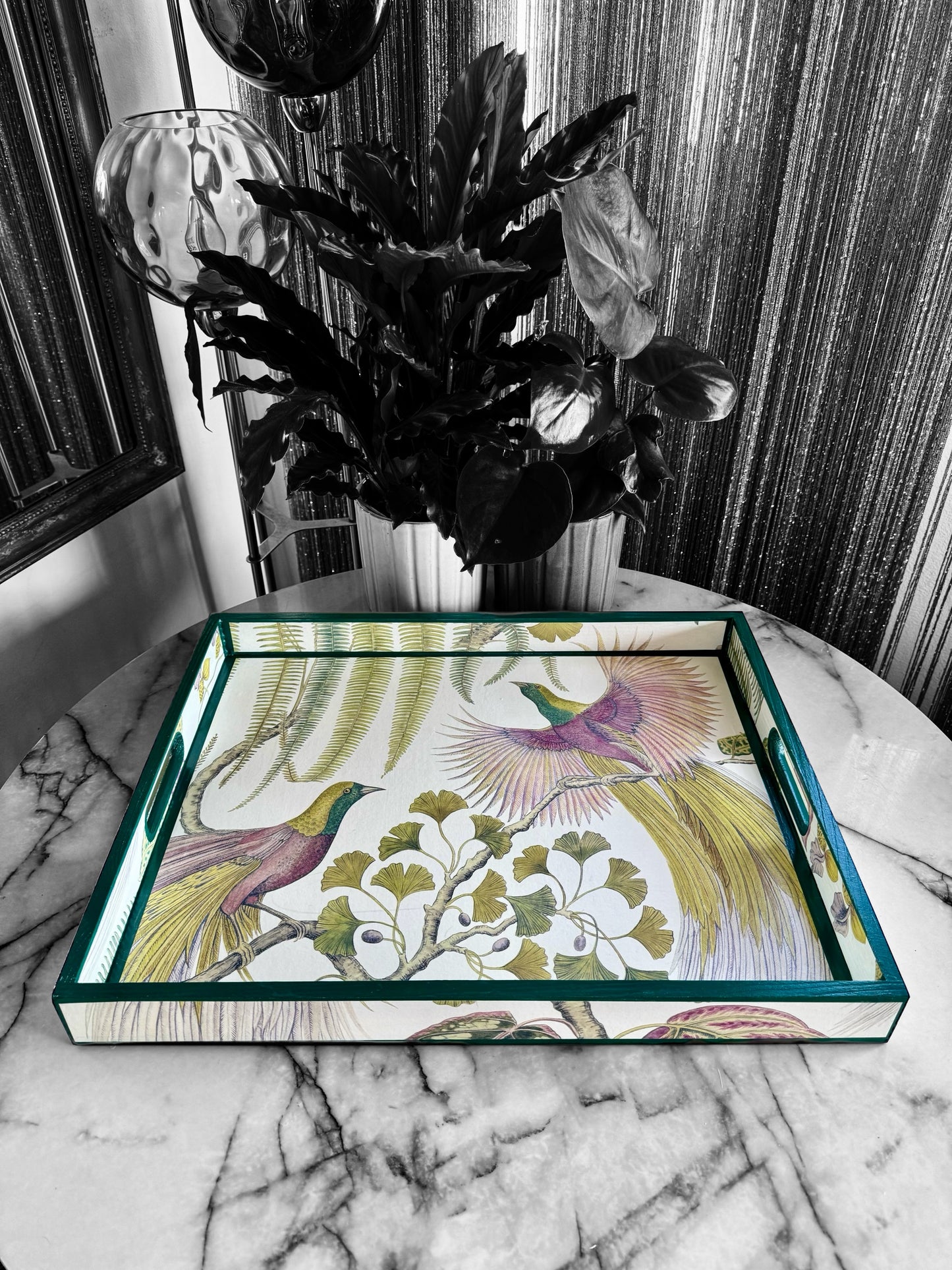 KEW Tray available in 4 x sizes - Decoupage in Birds of Paradise/Sanderson in in Orchid colourway