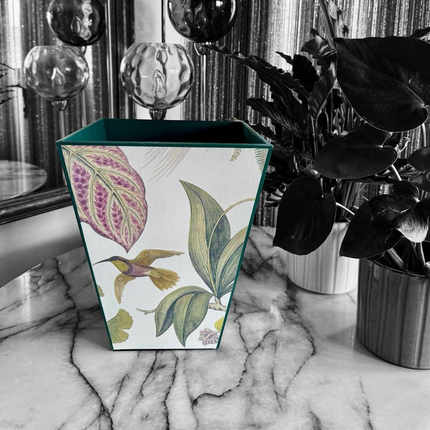 KEW Waste paper bin - Decoupage in Birds of Paradise/Sanderson in in Orchid colourway