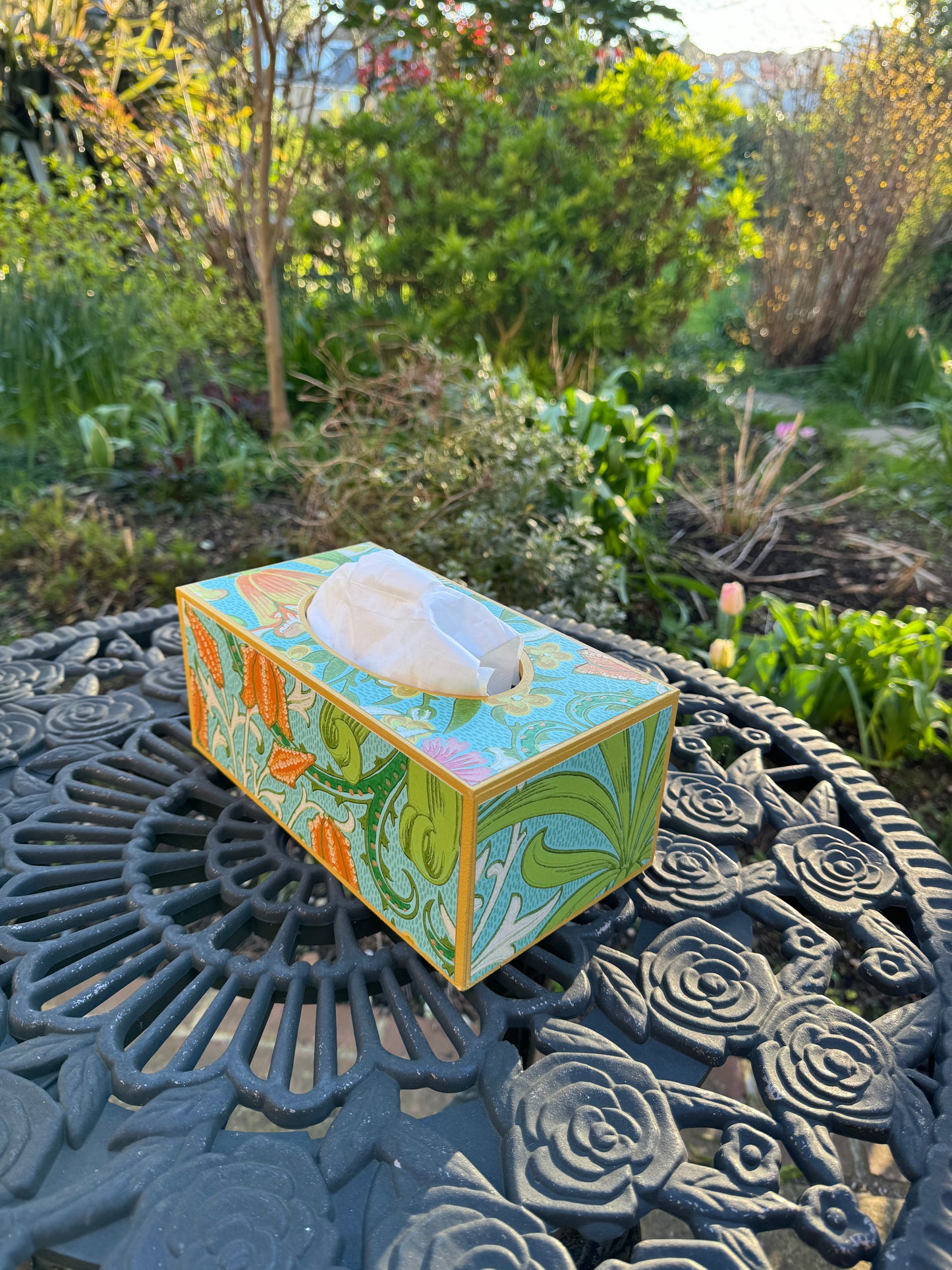 HIGHGATE **LIMITED EDITION** Waste paper bin & tissue box cover  - Decoupage in Woodland Weeds Cornubia/Ben Pentreath/Morris & Co in orange/turquoise colourway..